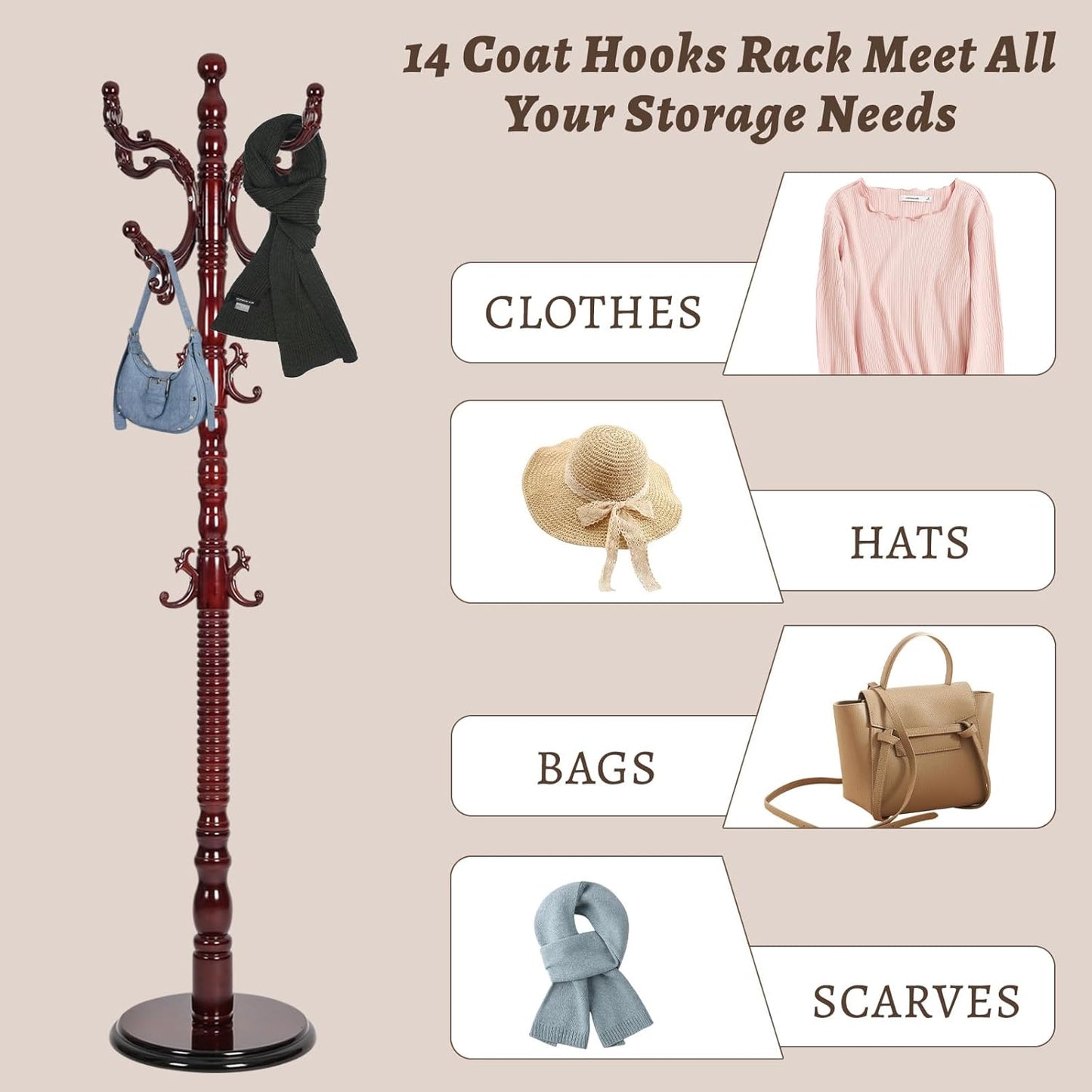 Wooden Coat Rack Freestanding with Resin Hooks, Adjustable Heavy Duty Stand for Hanging Coats, Bags, Hats, and Umbrellas in Living Room, Bedroom, Entryway (Rosewood color)