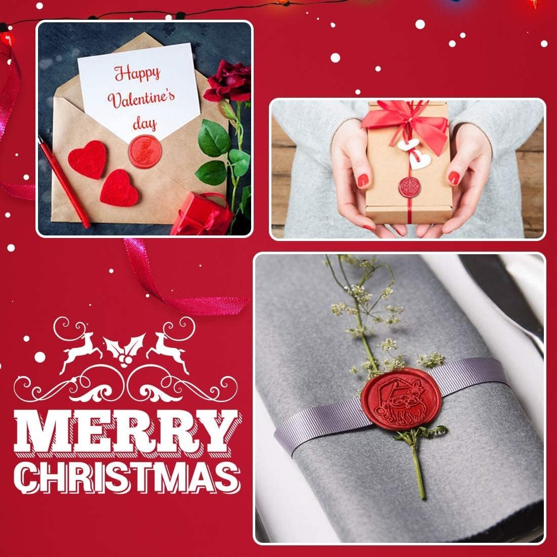 Xmas Wax Seal Stamp Kit, Set of 6 Christmas Design Sealing Wax Stamp Gift Kit with Brass Head Wooden Handle (Merry Christmas Tree + Deer)