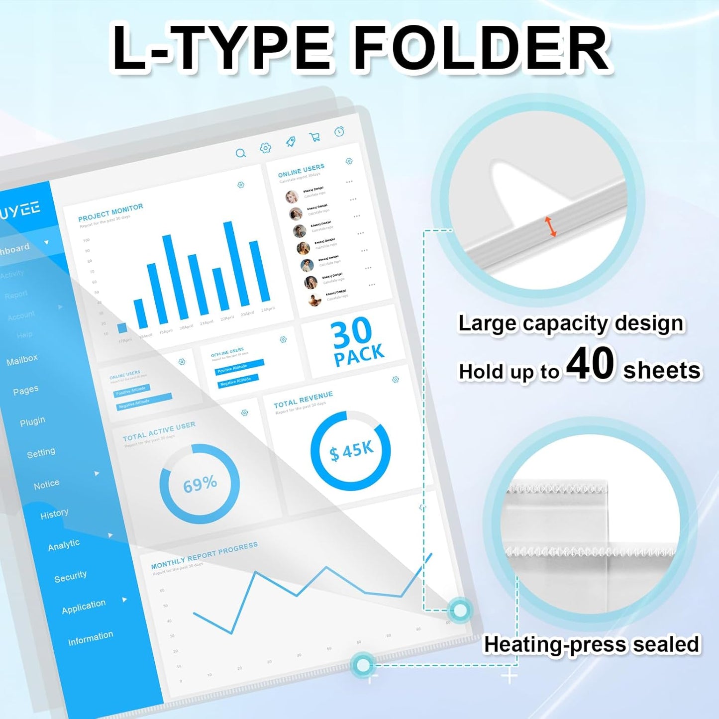 HOUYEE 30 Pack Heavy Duty Clear Document Folder, Plastic Paper Sleeve Fit for Letter Size Paper, for Home, Office, and School Use