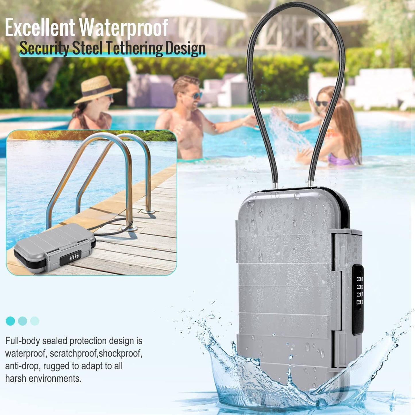 BKNOOU Portable Safe with Removable Chain, Anti-Theft Beach & Travel Safe Box, Waterproof Combination Lock Box for Dorm, Hotel, Car, Home, Office