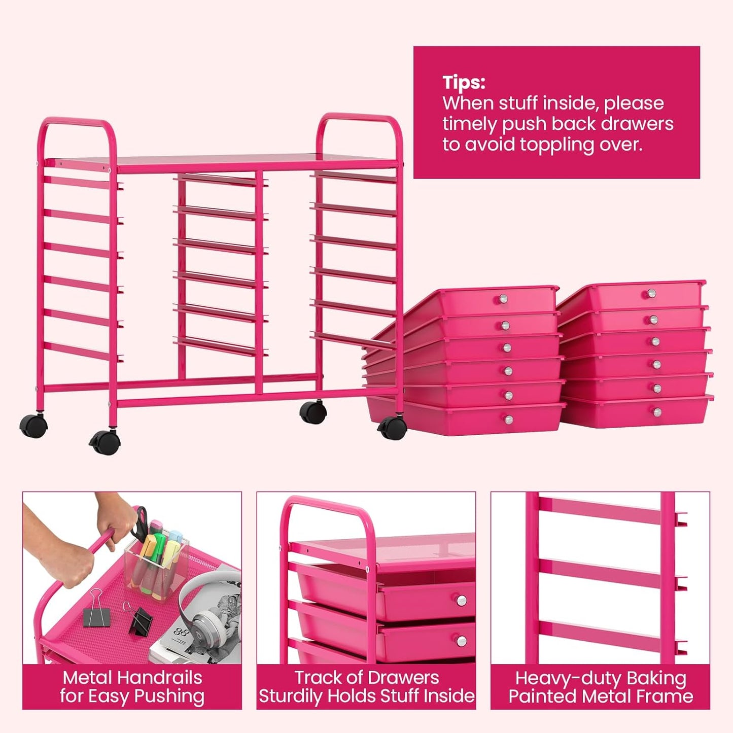 Giantex 12 Drawers Rolling Cart, Mobile Storage Drawer Cart, Classroom Organizer Cart for Office School Supplies Tools Scrapbook Paper Craft Small Printer, Utility Cart on Wheels, Hot Pink
