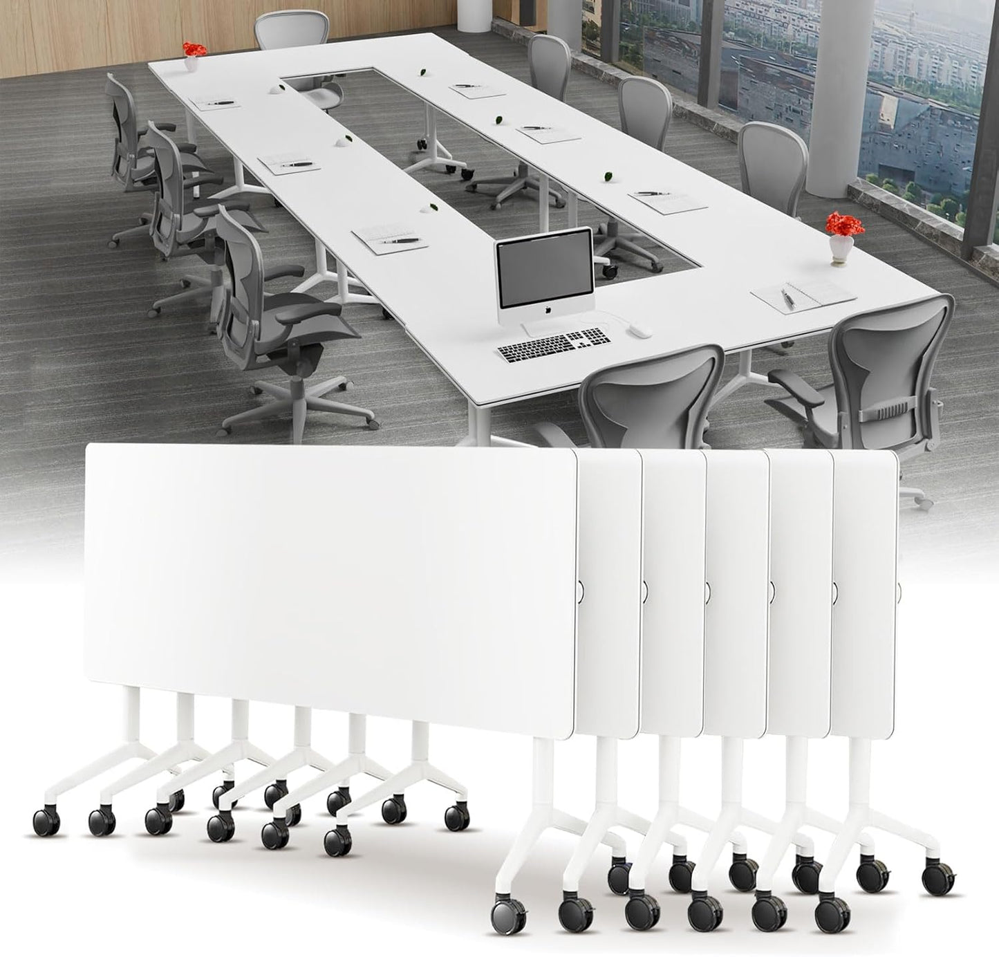 Conference Table, Folding Conference Desk Modern White, Seminar Table with Wheels, 2-10 People for Office, Meeting Break Room (6, 1915, 61IN)
