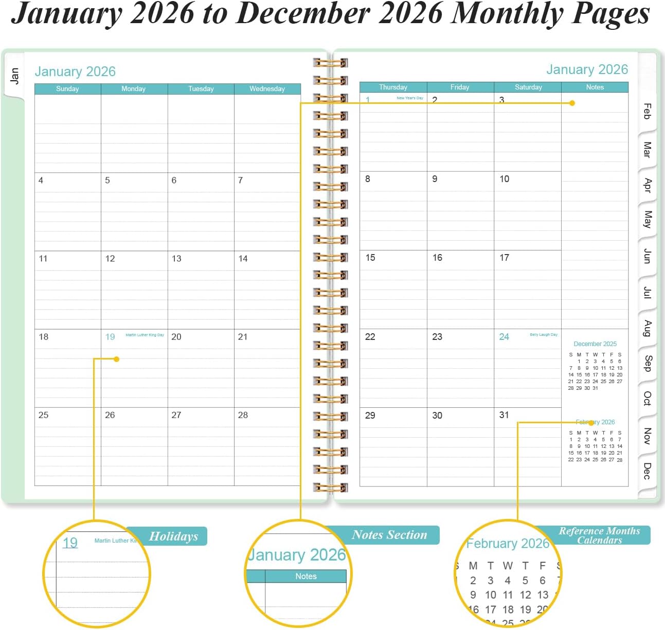 2026 Planner - Weekly and Monthly Calendar Planner from Jan 2026 - Dec 2026, Planner 2026 Spiral Bound with 12 Monthly Tabs, Inner Pocket, Perfect for School Office Supplies, 6.4" x 8.5", Mint