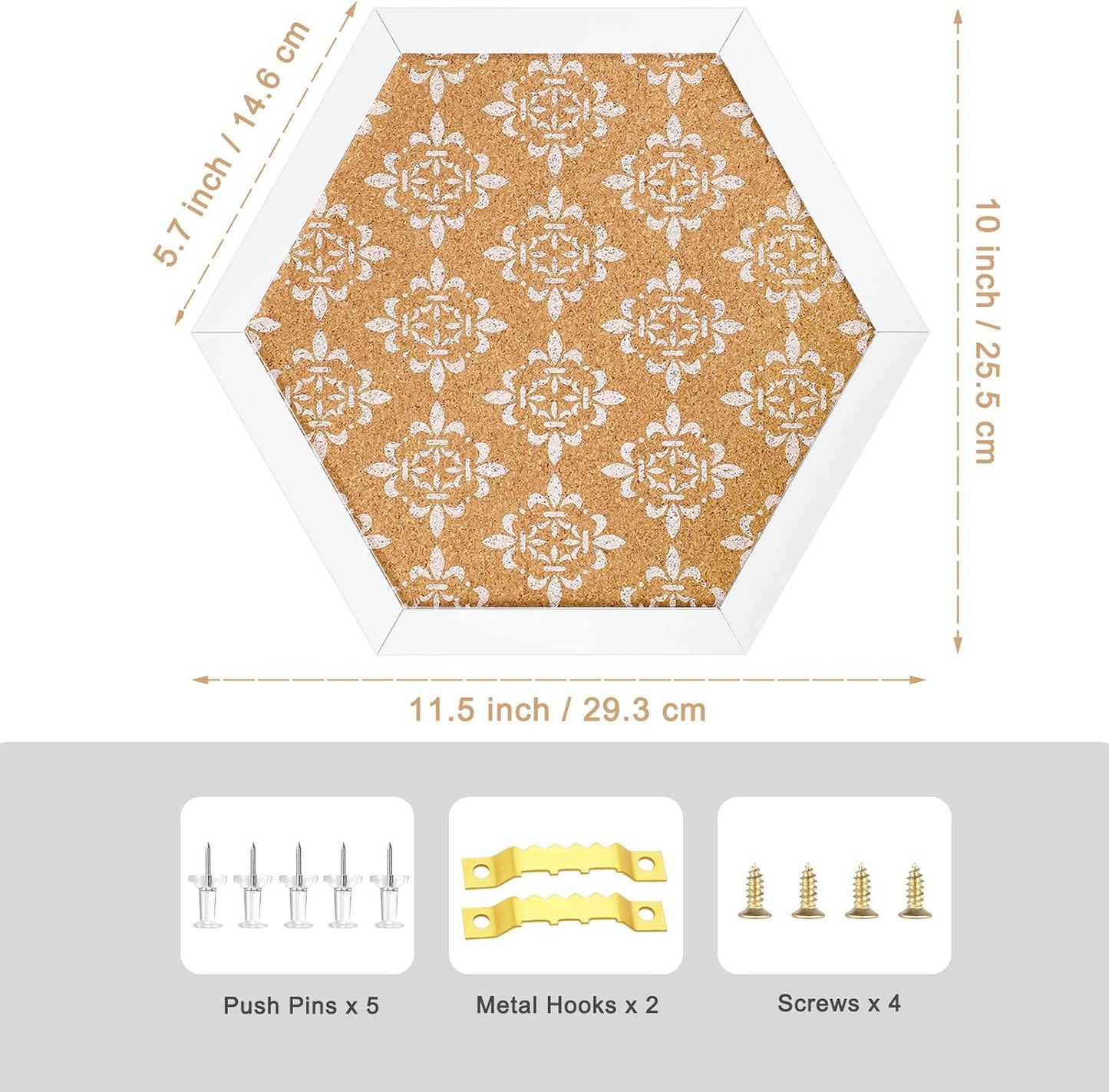 Decorative Cork Board for Walls, Hexagon Bulletin Board with Floral Print, White Framed Pin Board Vision Board for Office School Bedroom and Dorm Room with Pins, Screws(L2529,1pc)