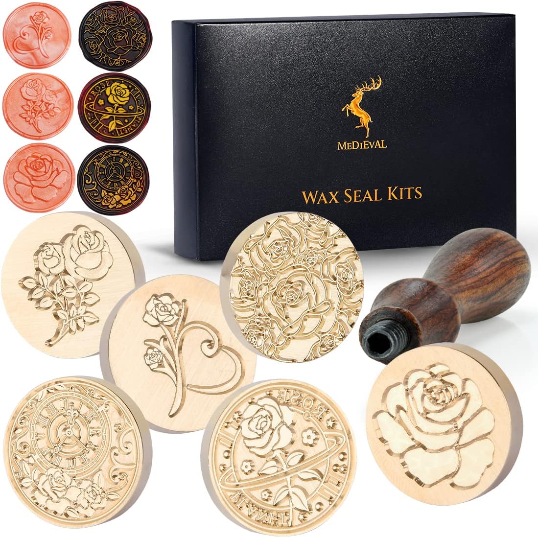 Wax Seal Stamp Kits, 6 pcs Wax Stamp Brass Head & 1 Wooden Handle, 6 Rose Designs