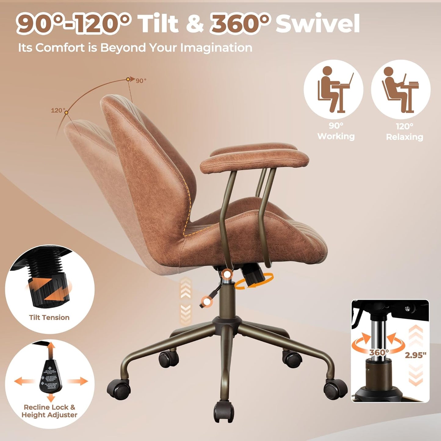 ovios Ergonomic Home Office Chair, Mid-Century Modern Faux Leather Chairs with Padded Armrests, Comfy Mid Back Swivel Rolling Executive Computer Armchair (Brown, Suede Leather)