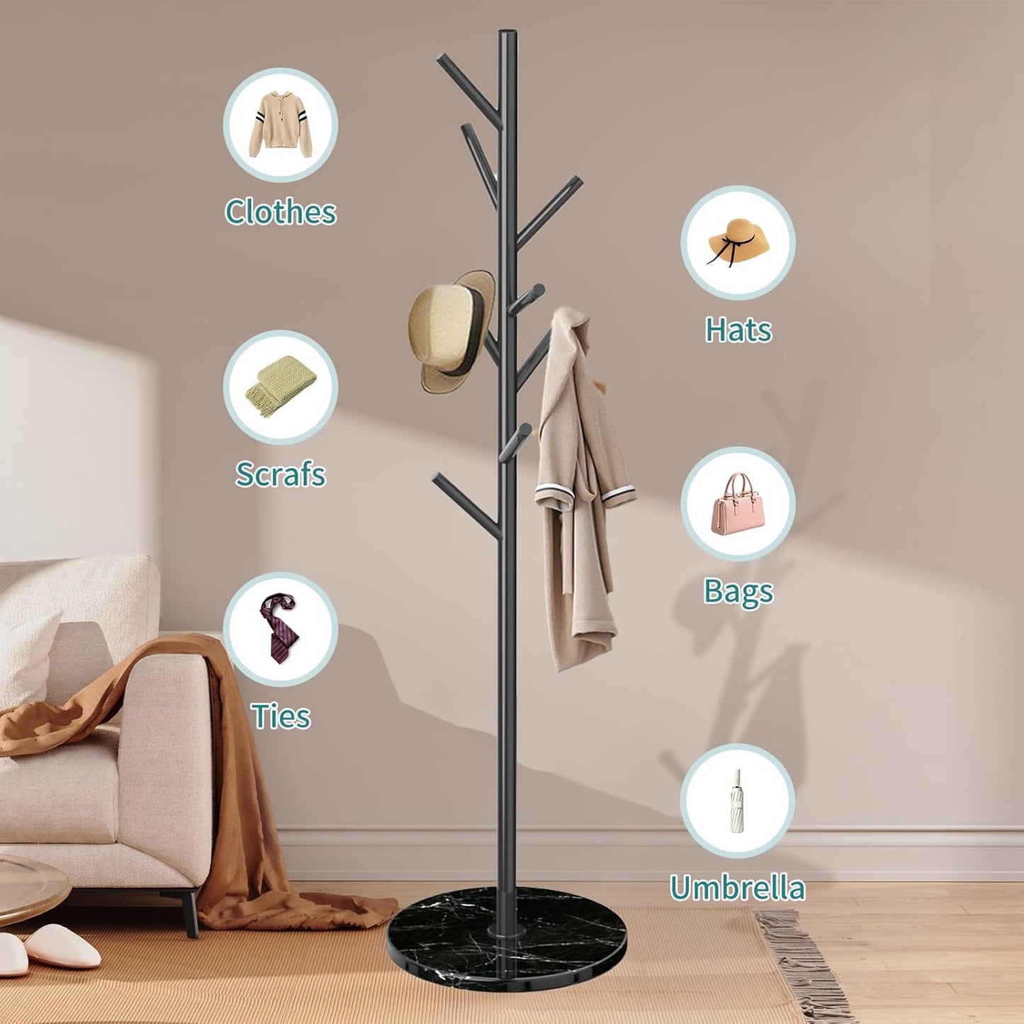 Coat Rack with Natural Marble Base, Metal Freestanding Coat Racks, Heavy Duty Coat Rack Stand with 8 Hooks for Hanging Scarf, Bag, Jacket, Black Coat Hall Tree Hanger Holder Stand