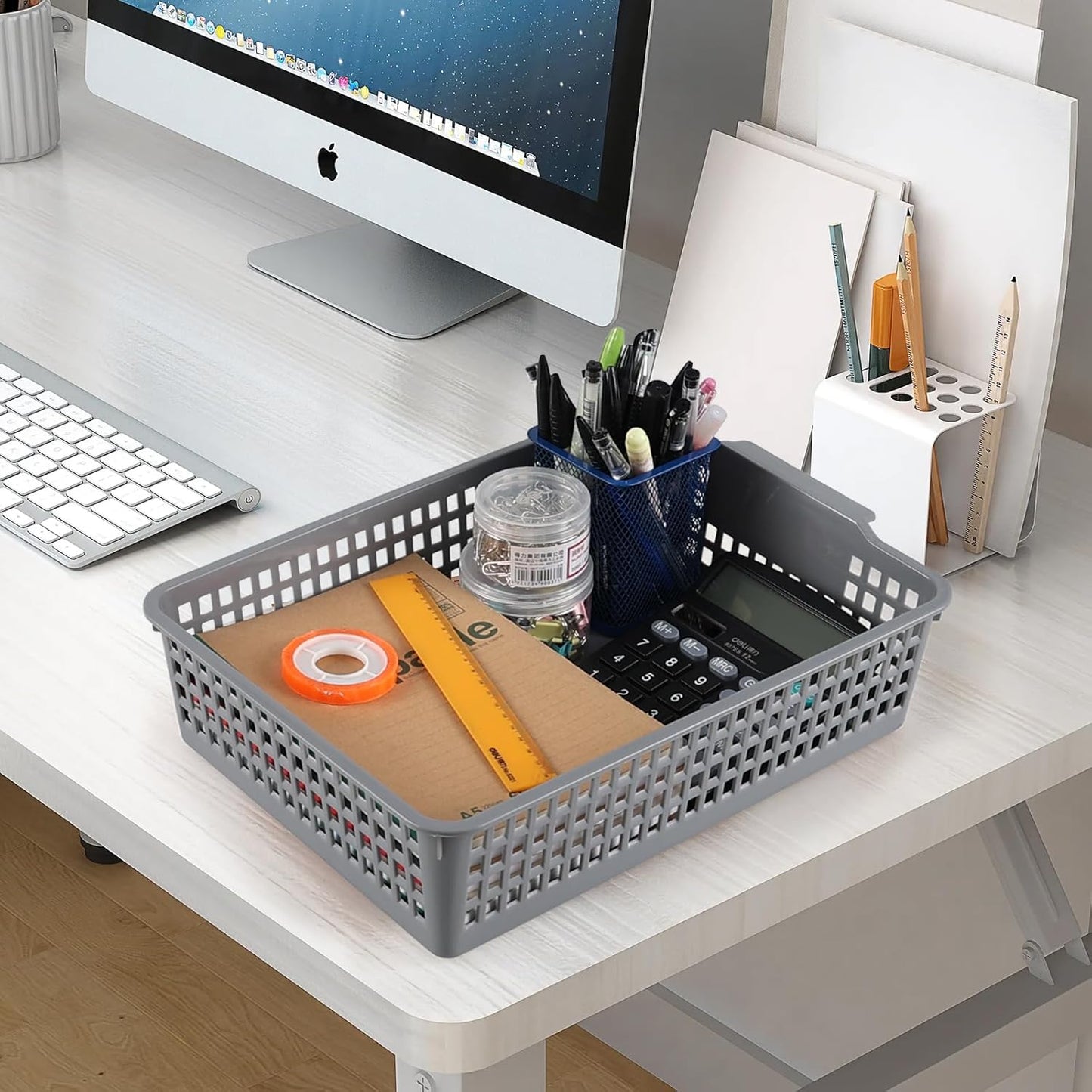 6 Packs Plastic Storage Baskets, Paper Organizer Baskets, Shallow Storage Basket Trays, Grey