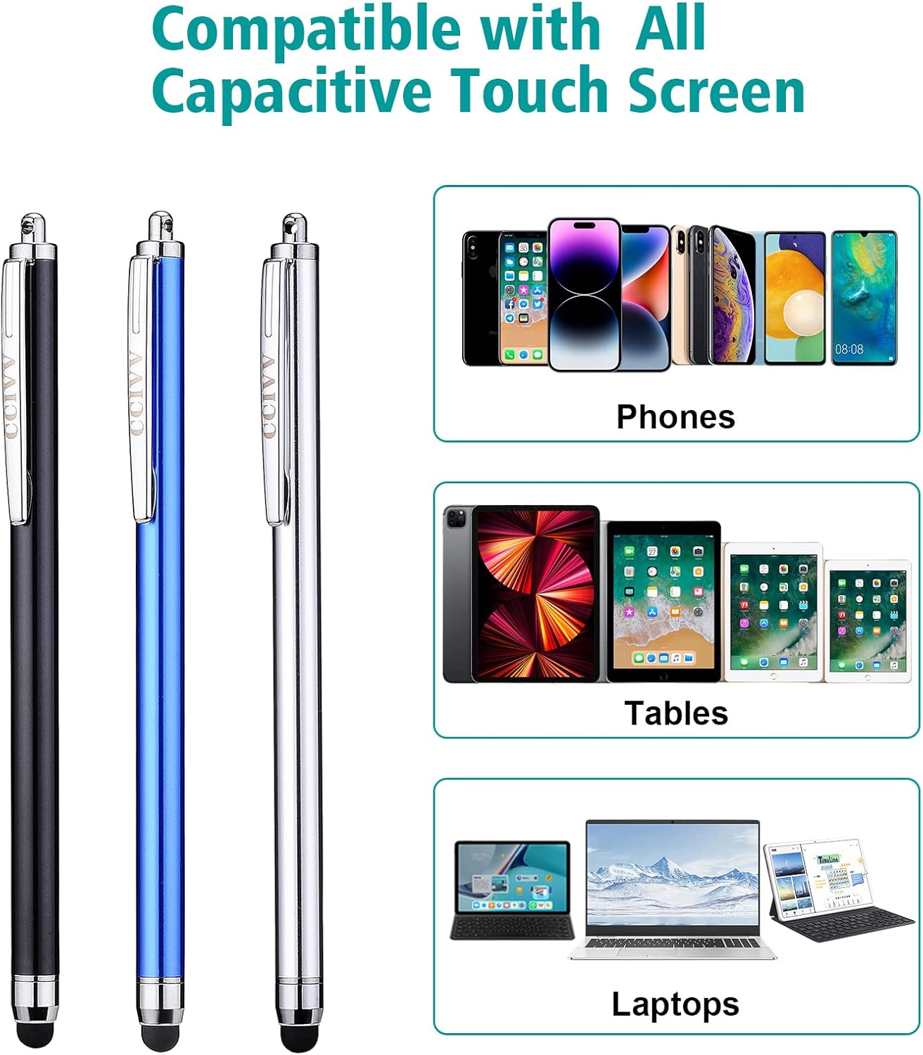 3 Pcs Stylus Pens for Touch Screens [0.24 inch Tip Series], 12 Extra Replaceable Rubber Tips (Black/Silver/Dark Blue)