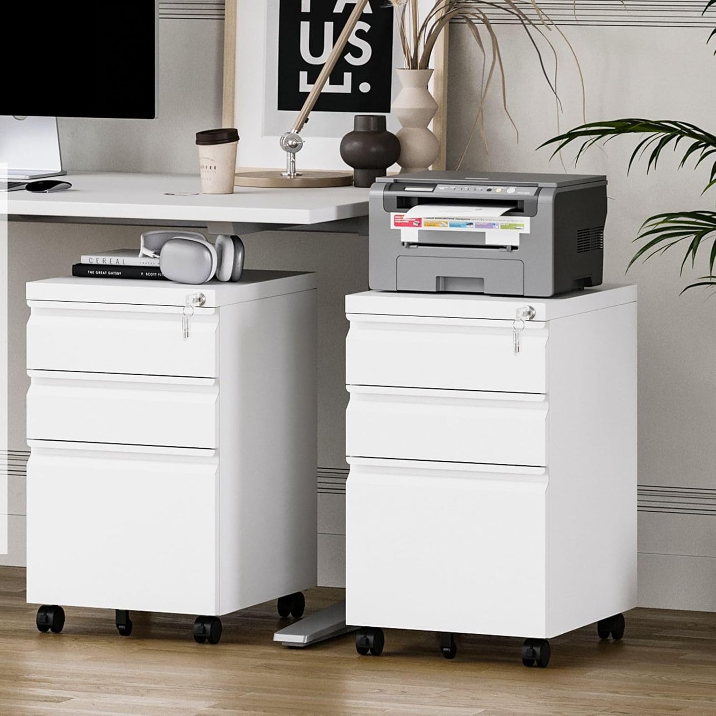 MIIIKO 3 Drawer File Cabinet, Rolling File Cabinet Under Desk, Metal Filing Cabinets for Home Office, Deep Drawers for Hanging Legal Letter Folders, Full Assembled Except Casters