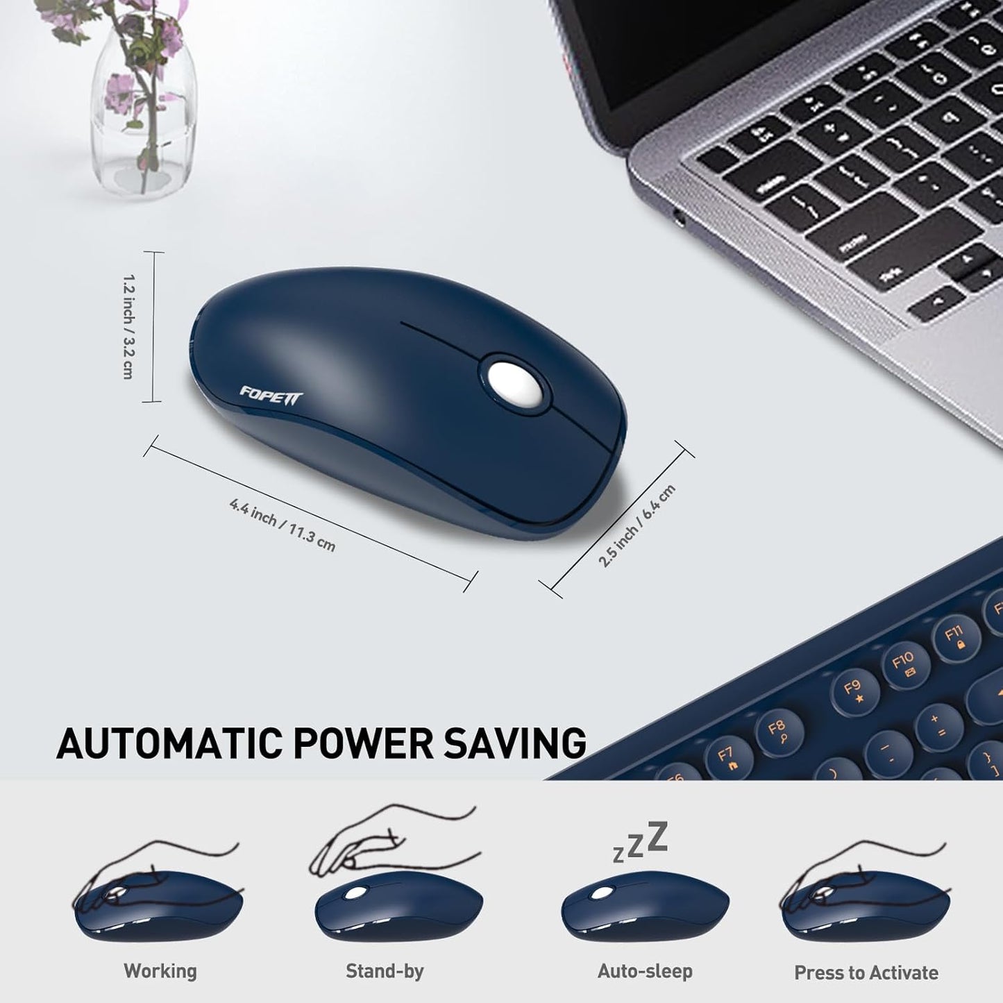 FOPETT Wireless Keyboard and Mouse Combo, 104 Keys Full-Sized 2.4 GHz Round Keycap Colorful Keyboards, USB Receiver Plug and Play, for Windows, Mac, PC, Laptop, Desktop (DarkBlue)