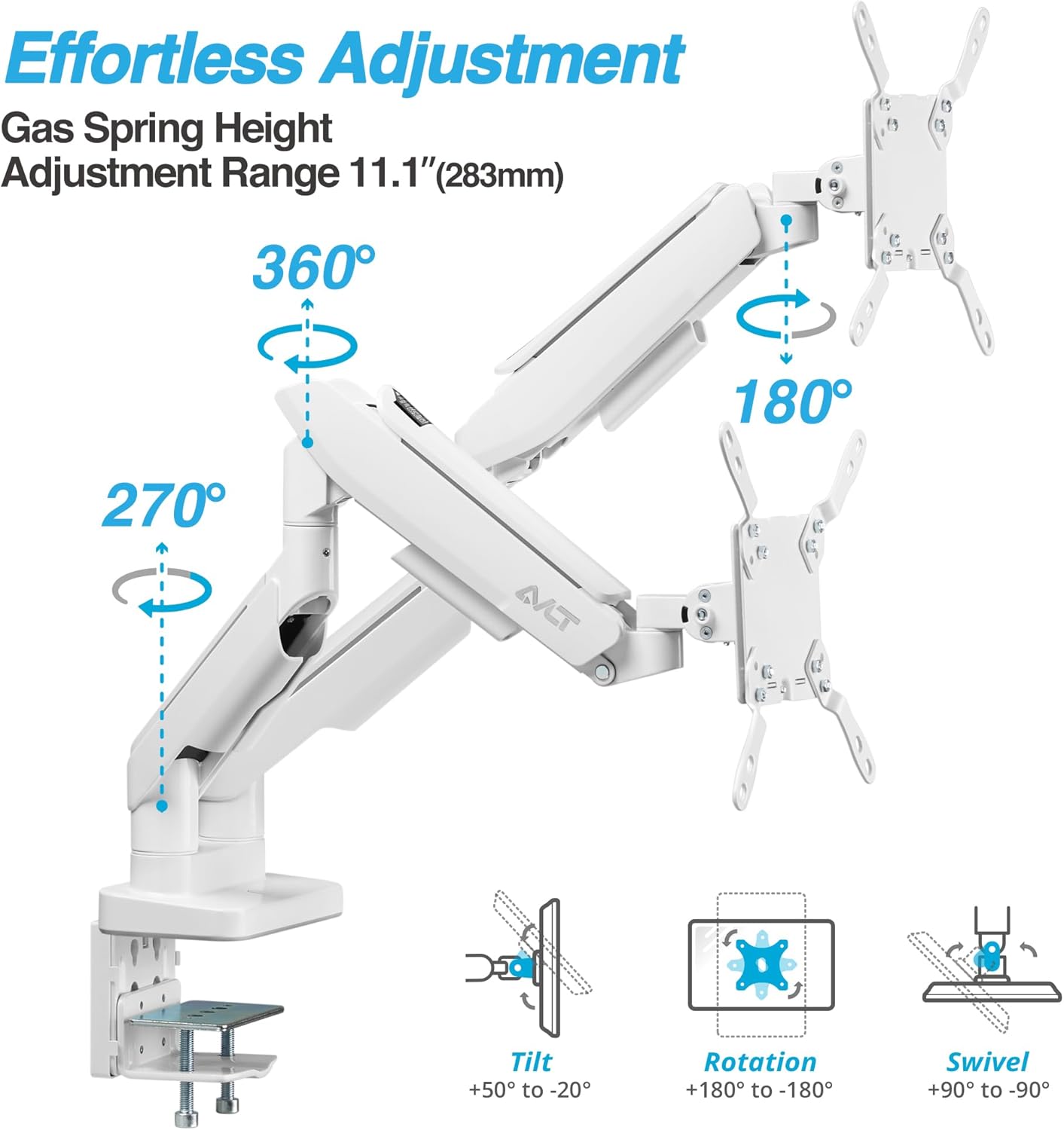 AVLT RGB Lights Dual 17”-43” Gaming Monitor Arm Desk Mount, Fits Two Flat/Curved/Ultrawide Screen up to 44lbs(20kg), Height Swivel Tilt Adjustable Stand – White