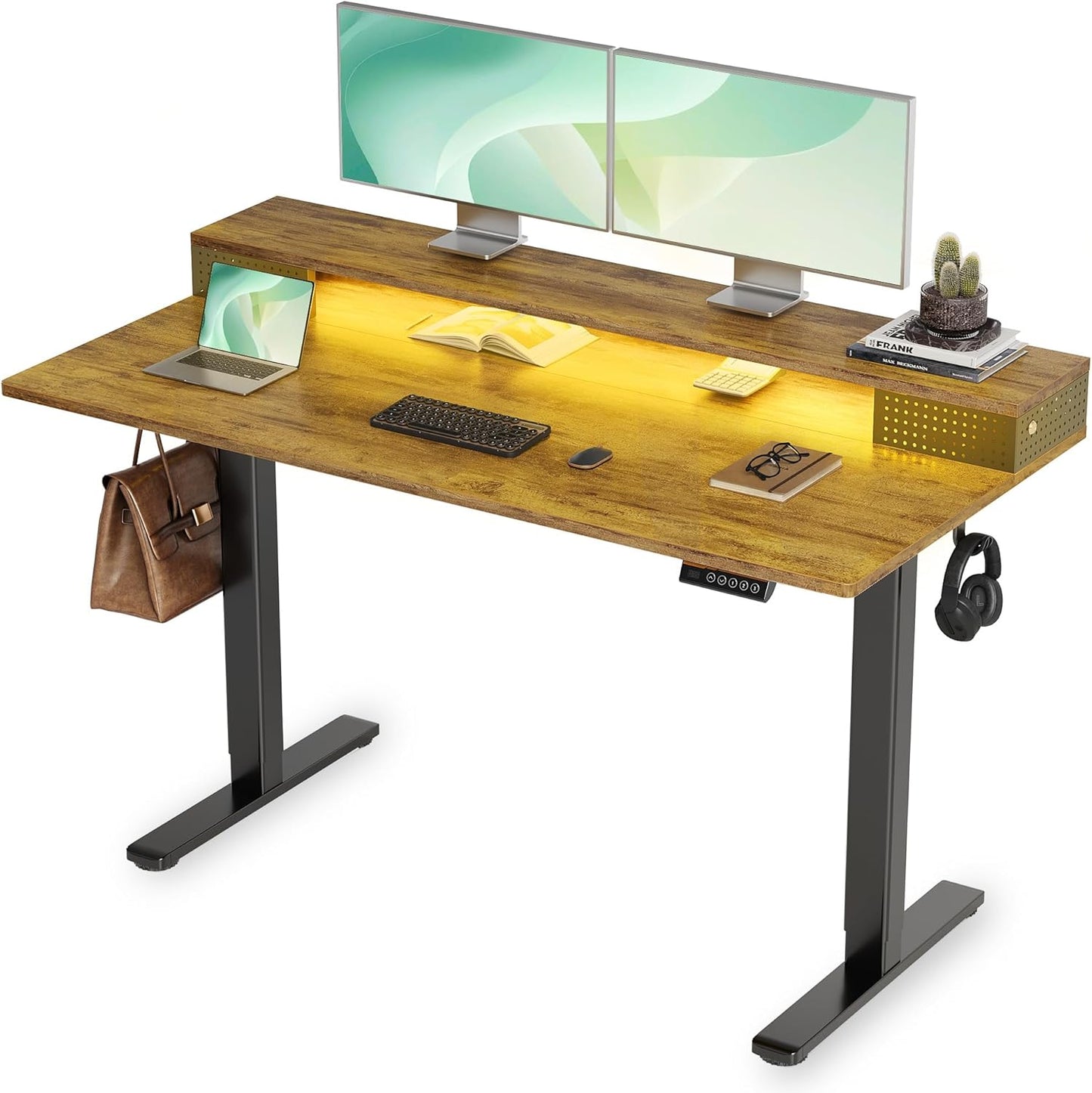 Claiks Electric Standing Desk with Shelf, 55 Inch Height Adjustable Standing Desk with LED Lights & Monitor Stand, Black Frame/Rustic Brown Top