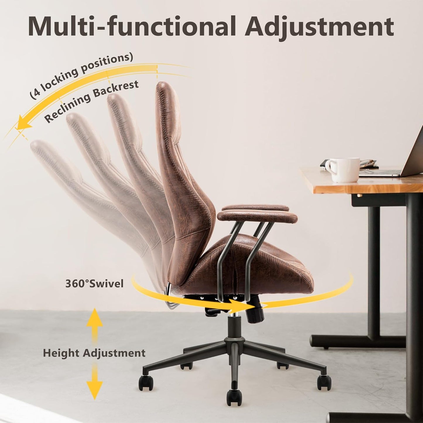 Mid Century Modren Office Chair - High Back Swivel Executive Chair with Lumbar Support,Ergonomic Computer Desk Chair with Wheels,Faux Lether Suede Task Chair,350lbs(Dark Brown, High Back)