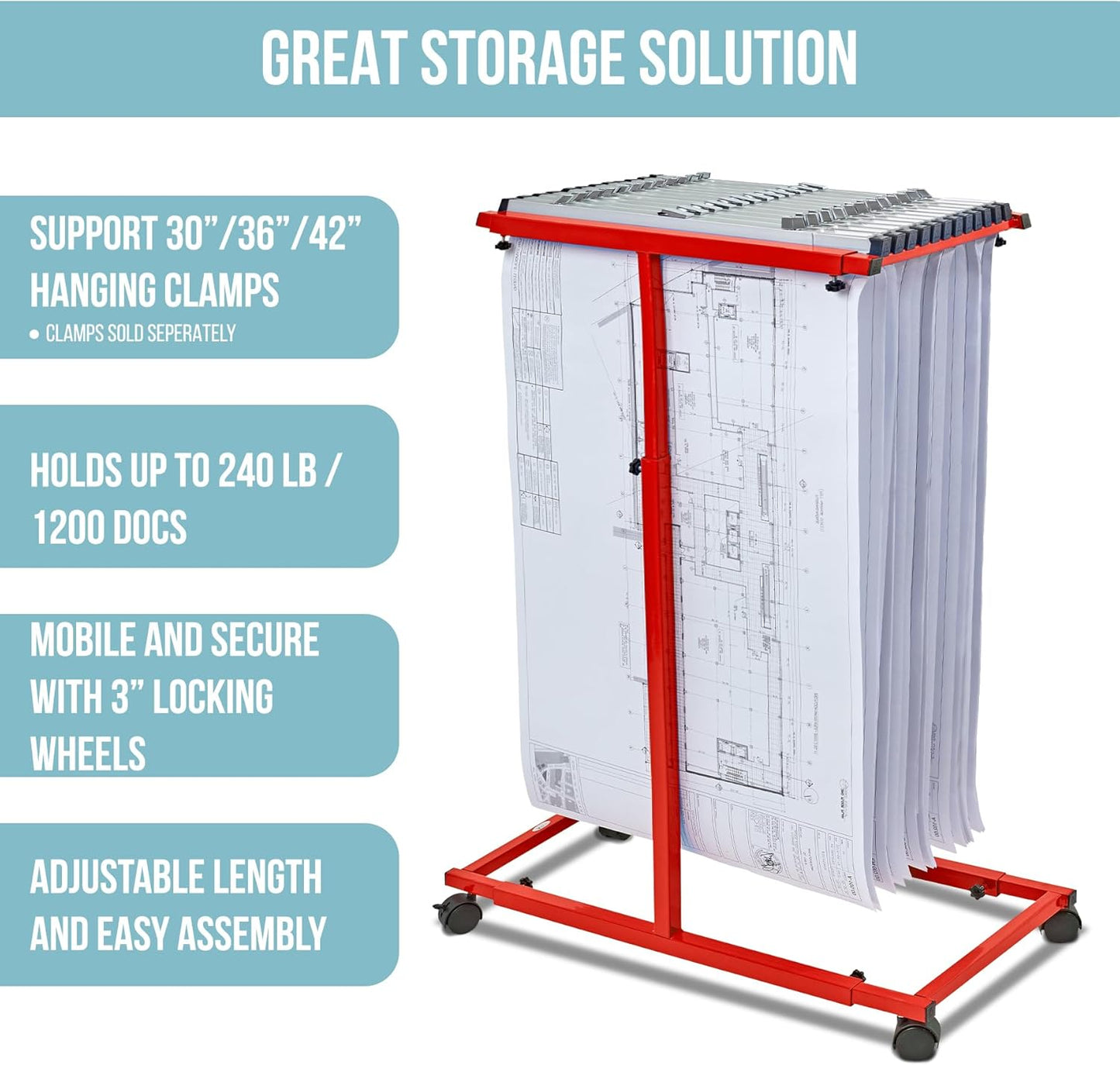 Adir Mobile Blueprint Holder - Adjustable Blue Print Storage Organizer and Construction Plan Holder – Plans Rack for Jobsite and Office (Without Blueprint Clamps)