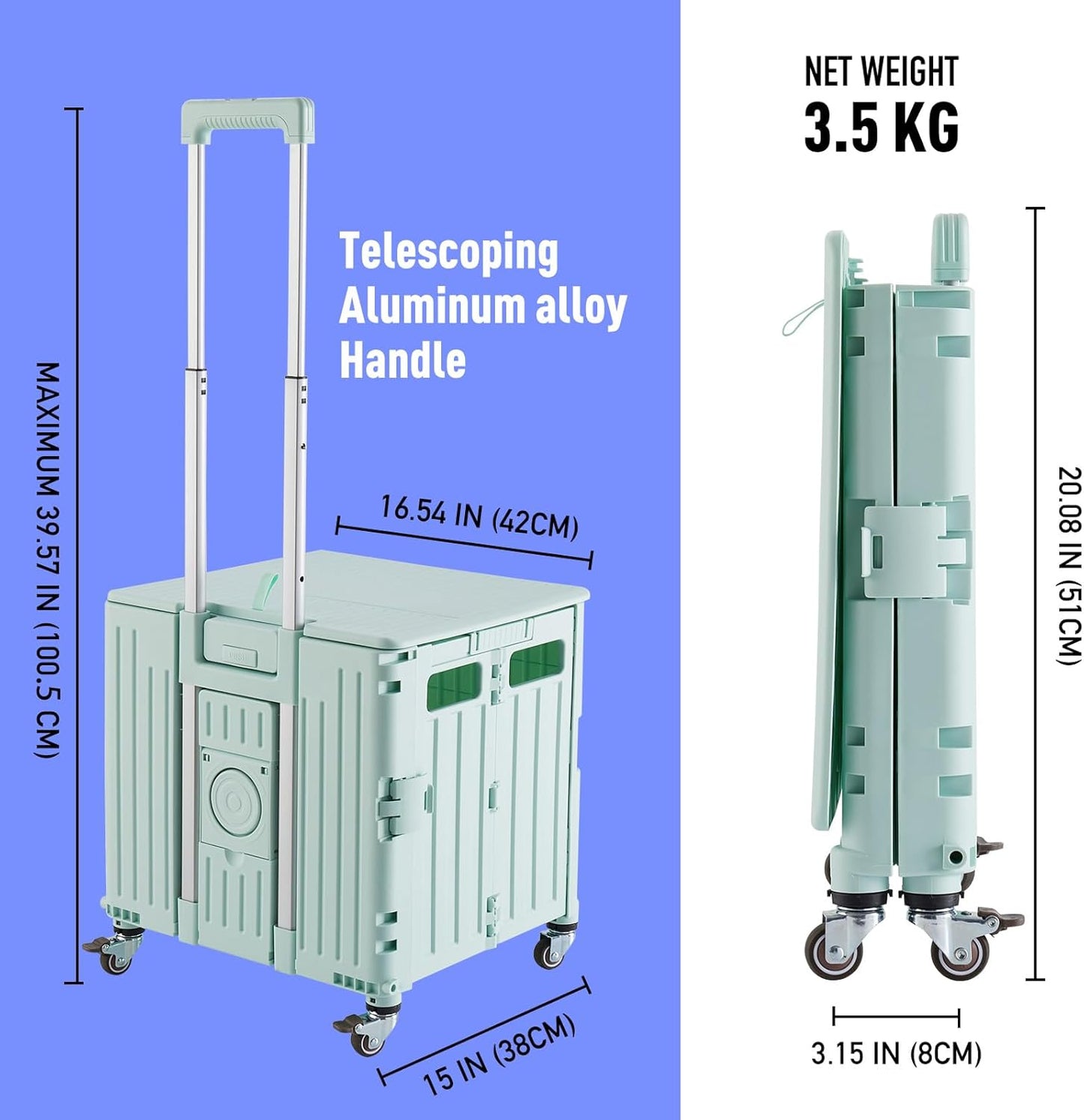 Folding Utility Cart Portable Rolling Crate Handcart Shopping Trolley Collapsible Tool Box, with Lid, on 4 Rotate Wheels, for Grocery, Shopping, Office, Camp, Teacher (Green)