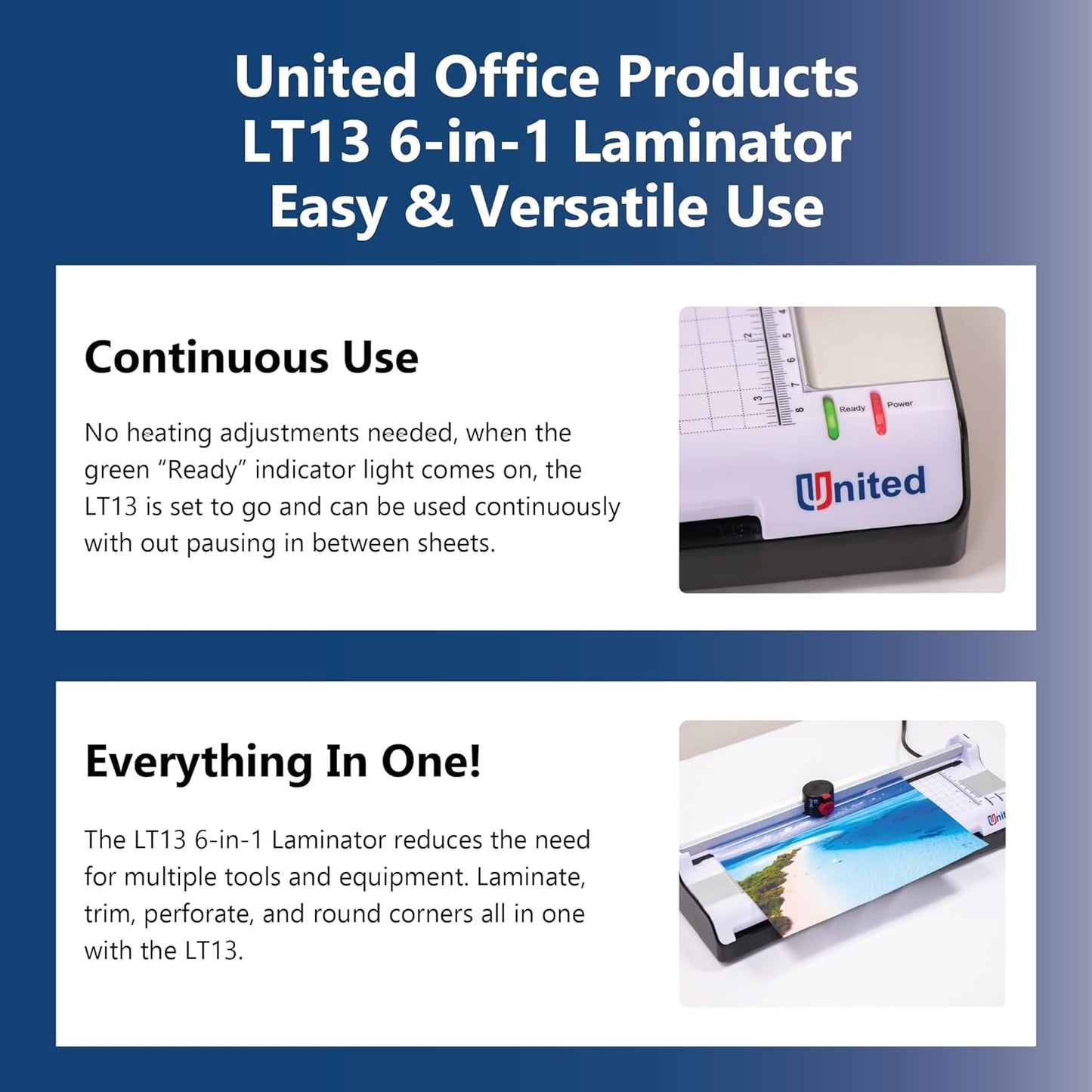 United Office Products LT13 6-in-1 Thermal & Cold Laminator with Paper Trimmer and Corner Rounder, 13” Width, Laminating Machine for Home, Office and Schools