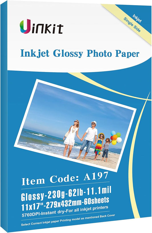 Uinkit 11 x 17 Thick Photo Paper Glossy 11x17 60Sheets 62lb Inkjet Heavyweight 230gsm Gallery show Brochure Pictures Funeral Bulletin Obituary Papers Obituaries Gloss Papers