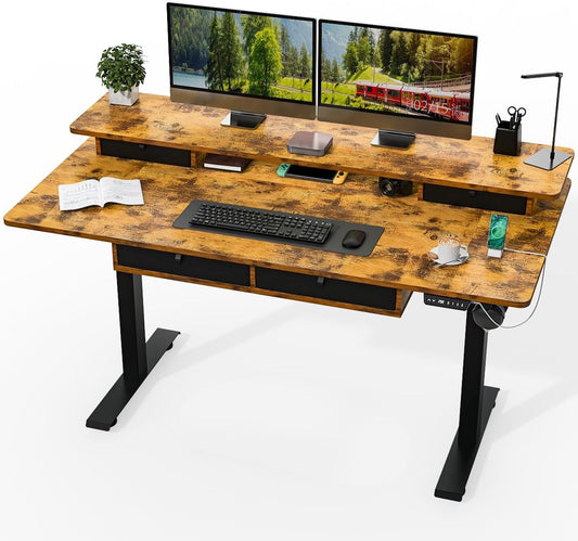 Standing Desk with Fast Charging USB Ports, 63" x 30" Height Adjustable Home Office & Gaming Desk, Sit Stand Desk with Built-in Storage Shelf, Hook & Ergonomic Design(Rustic Brown)