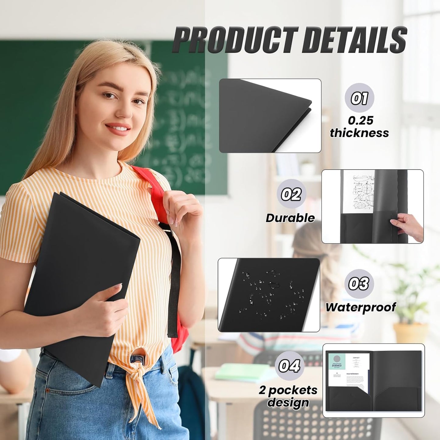 Gueevin 100 Pcs Two Pocket Folders Bulk Plastic File Folder with 2 Pockets Letter Size Paper Heavy Duty Durable Portfolios Case for Home Office School Business 11.61 x 9.45 Inch (Black)