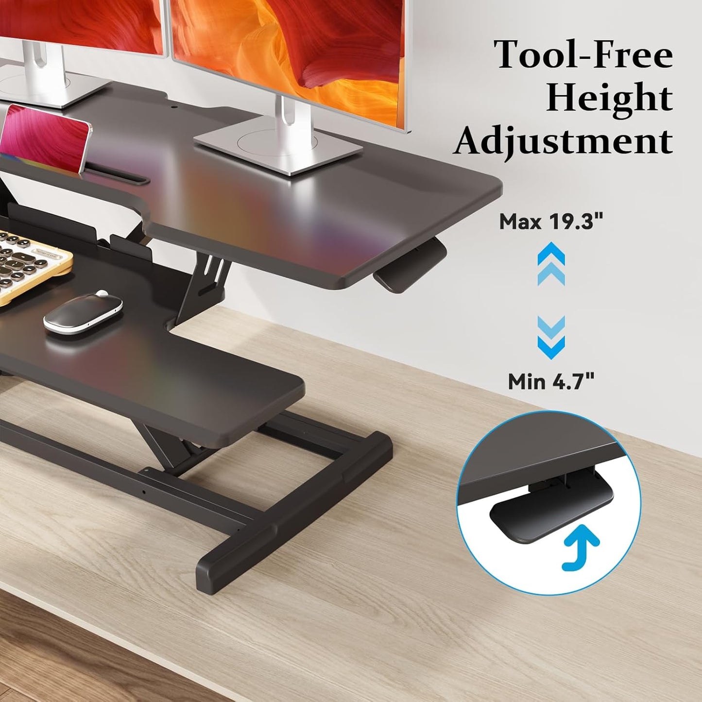 42 inch Standing Desk Converter, Height Adjustable Desktop Standing Desk with Keyboard Tray for Two Monitors, Sit to Stand up Desk Riser Computer Workstation for Home Office, Black