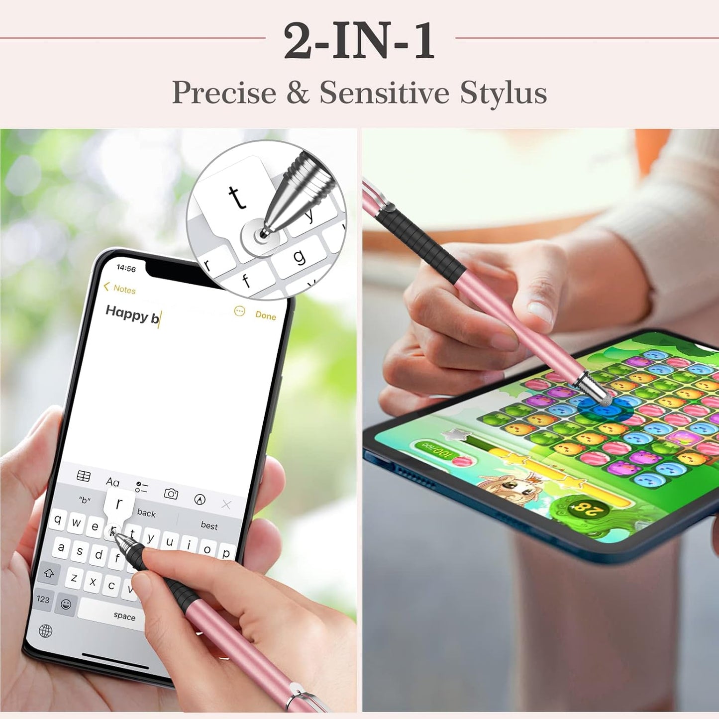 MEKO Stylus Pens for Touch Screens, 2 in 1 Universal Disc Stylus Pens for iPhone, iPad and All Capacitive Cell Phones, Tablets, Laptops Bundle with 6 Replacement Tips - (2 Pcs, White/Rose Gold)