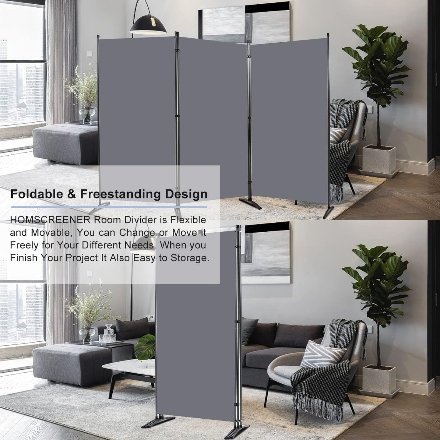 Room Divider 6FT Folding Privacy Screens, Partition Room Dividers w/Freestanding Design, Portable Wall Divider for Room Separtation, Fabric Screen Panel for Home Office Dorm (Grey, 3 Panel)