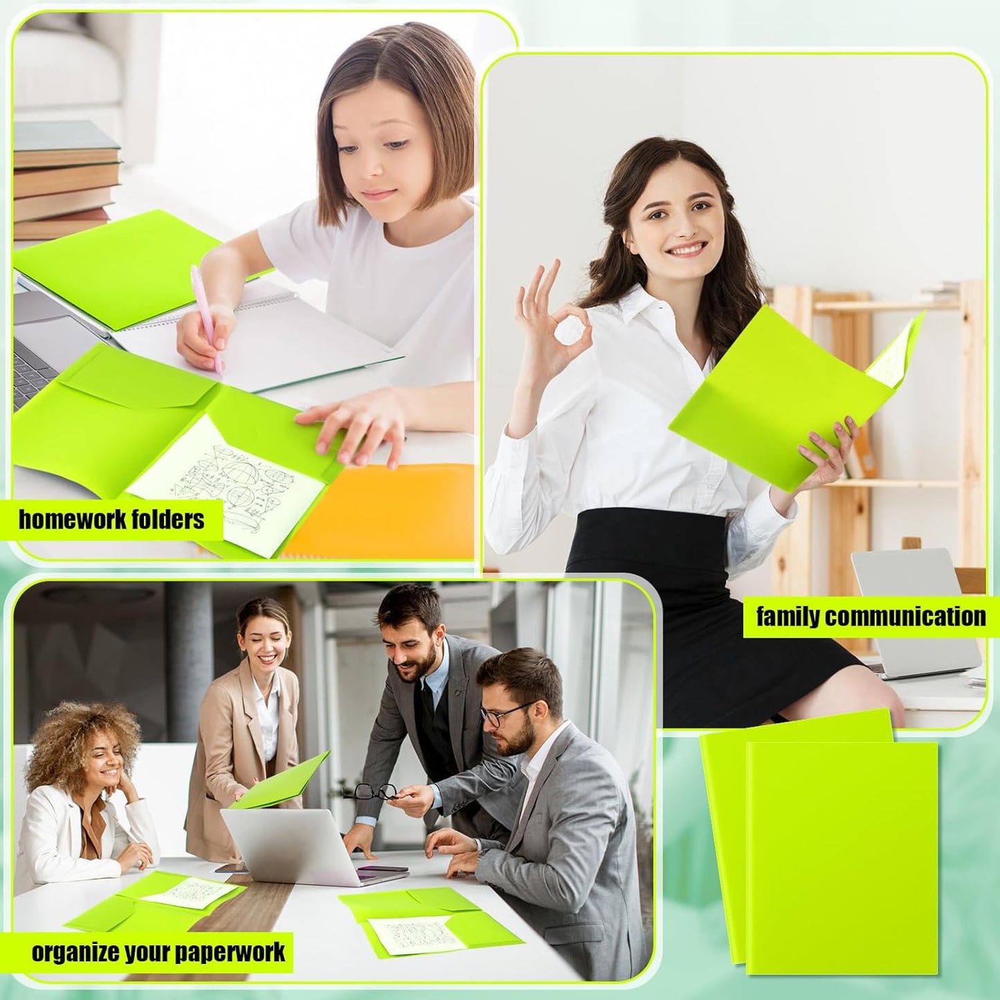 Gueevin 100 Pcs Two Pocket Folders Bulk Plastic File Folder with 2 Pockets Letter Size Paper Heavy Duty Durable Portfolios Case for Home Office School Business 11.61 x 9.45 Inch (Lime Green)
