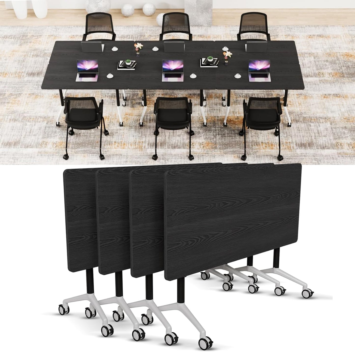 Conference Room Table with Flip-Top Design for Dynamic Meetings, Business Table Computer Desk with Heavy-Duty Frame,Foldable Seminar Meeting Tables for Home Office (4, F, 70.8IN)