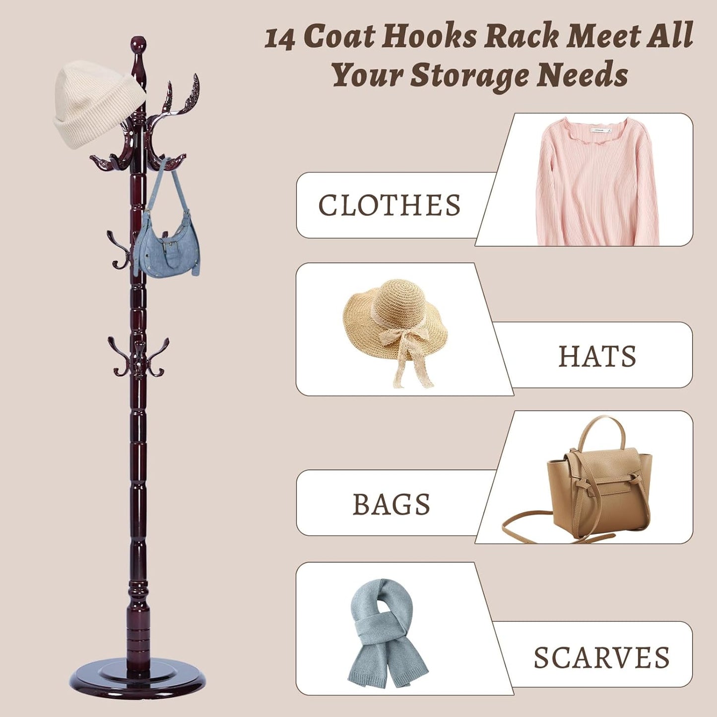Wooden Coat Rack Freestanding with Resin Hooks, Adjustable Heavy Duty Stand for Hanging Coats, Bags, Hats, and Umbrellas in Living Room, Bedroom, Entryway (Rosewood-Phoenix Hook)