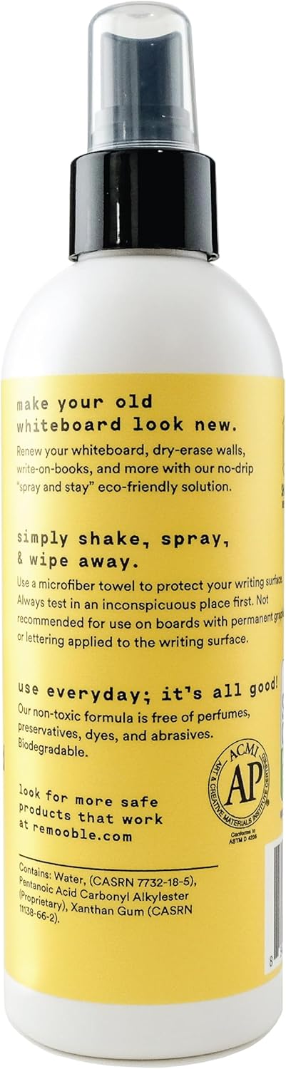 Remooble Dry Erase Whiteboard Cleaner Spray & Microfiber Cleaning Cloth - Safely Removes Tough Stains and Ghosting, 8 oz.