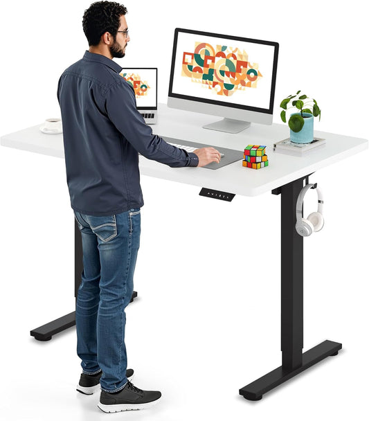 SANODESK Electric Standing Desk 48 x 30 Inches Whole-Piece Desktop Height Adjustable Stand Up Desk w/6-Button Controller Ergonomic Computer Desk for Home Office, Black Frame + White Tabletop
