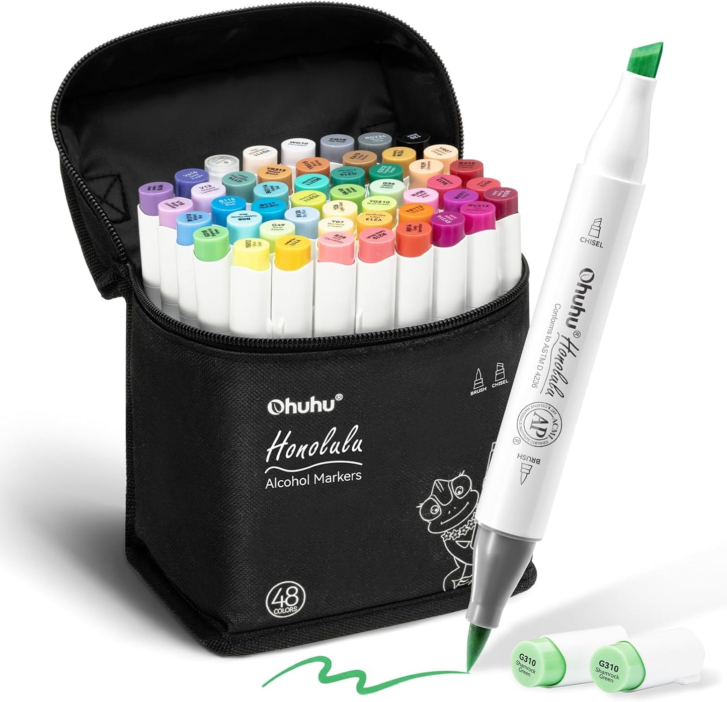 Ohuhu Alcohol Markers Brush Tip: 48-Color Double Tipped Art Marker Set for Artist Adults Coloring Illustrations -Honolulu -Brush & Chisel -Refillable