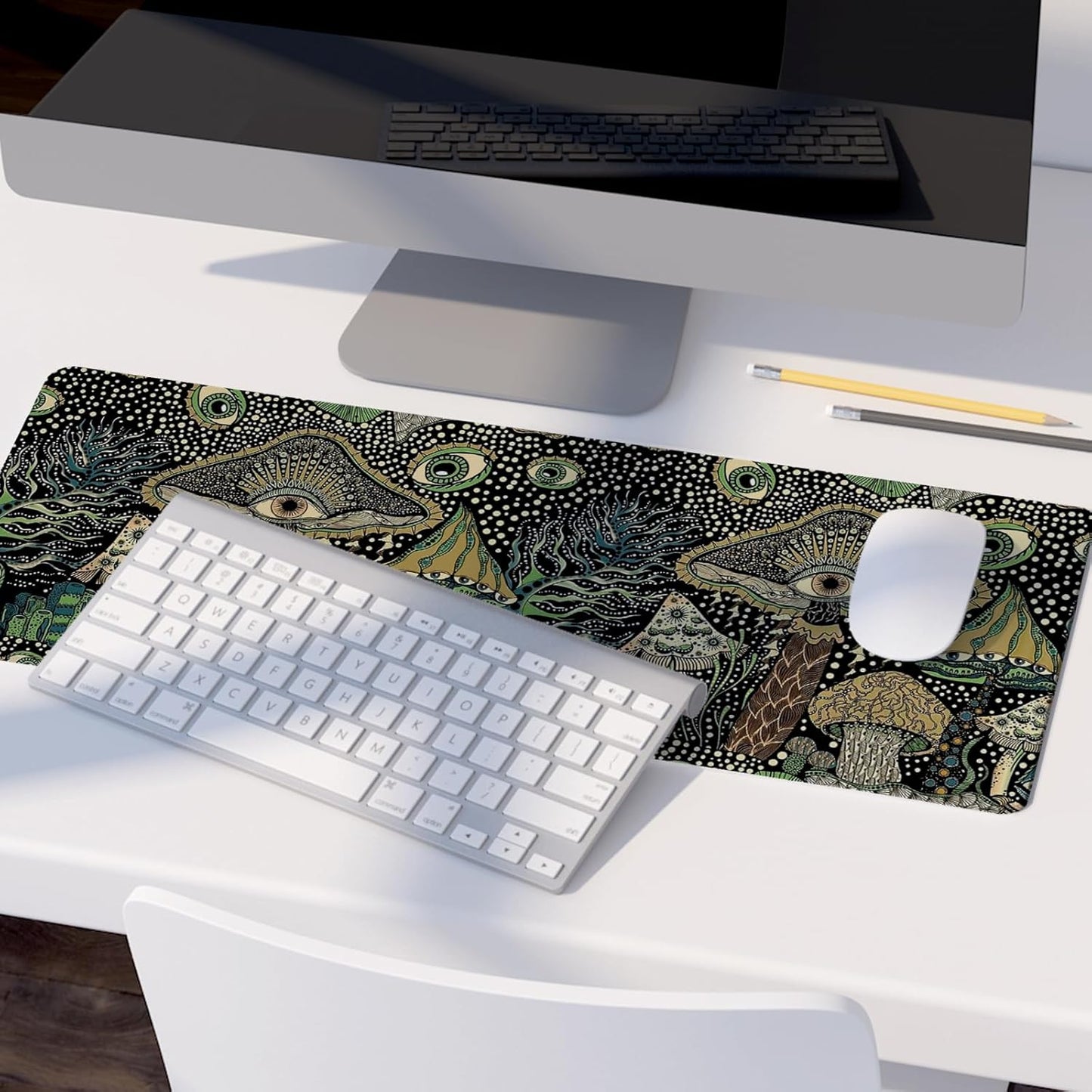 Boho Mushroom Floral Mouse Pad,Dark Green Cottagecore Mushrooms Desk Mat,XL Large Magic Vintage Boho Desk Mat,Summer Style Mouse Pads,for Dorm Home Office Desktop Decor Art,31.5x11.8 Inch