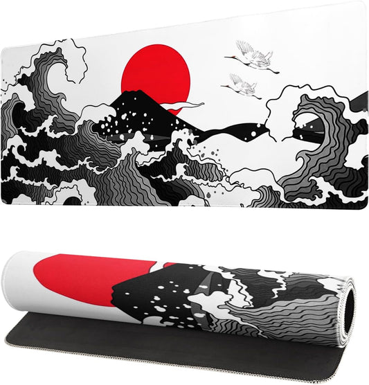 Japanese Red and Black Wave Gaming Mouse Pad Extended Large Mouse Mat Desk Pad Sea Texture Non-Slip Rubber Base Wave Mousepad Stitched Edges Keyboard Desk Pad for Office Home Game 27.6x11.8 Inch