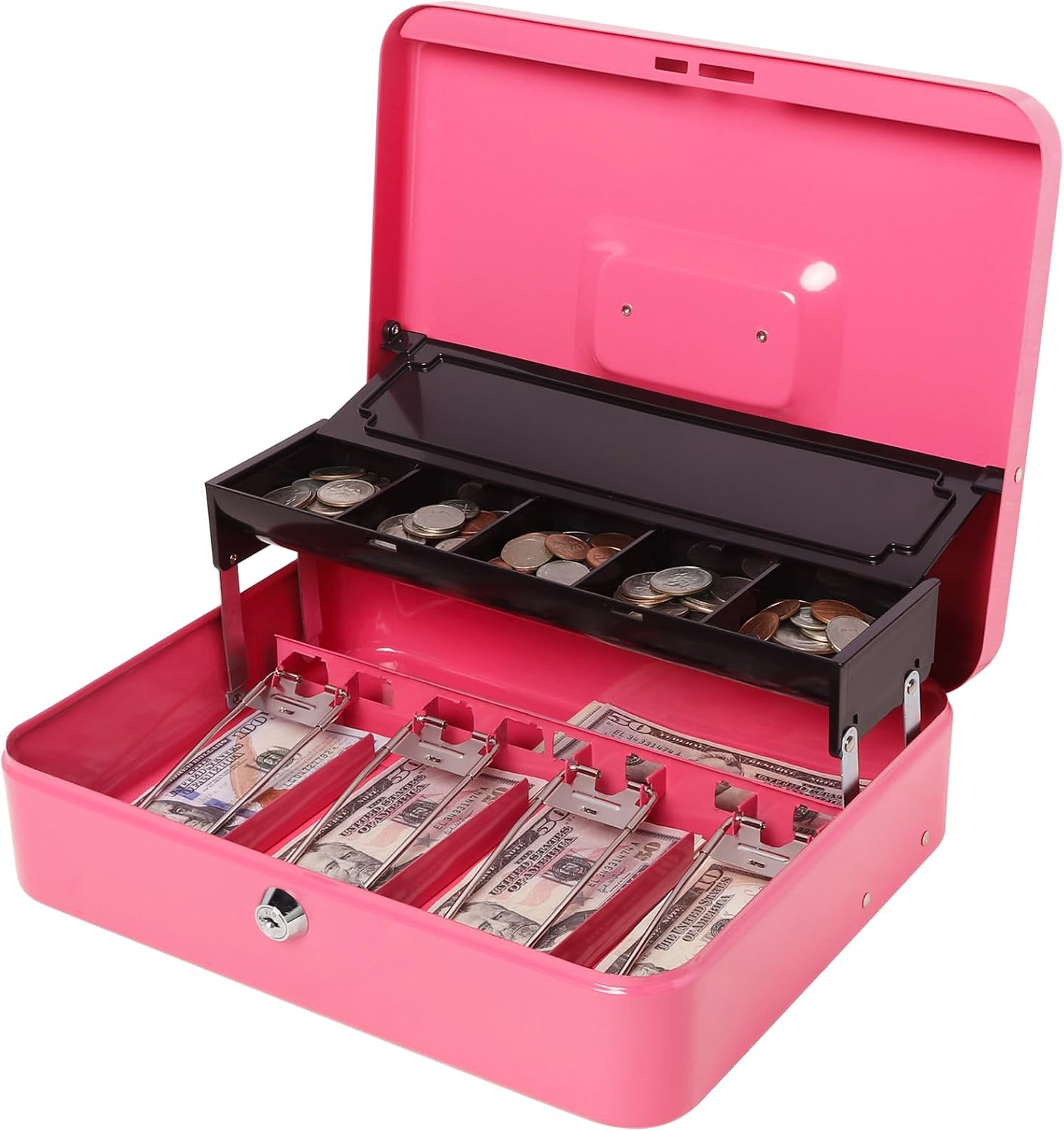 Jssmst Locking Cash Box with Money Tray and Lock, Metal Money Box with Change Lid, 11.8L x 9.5W x 3.5H Inches, Safe Box for Money with Key Lock Pink, SM-CB0515P