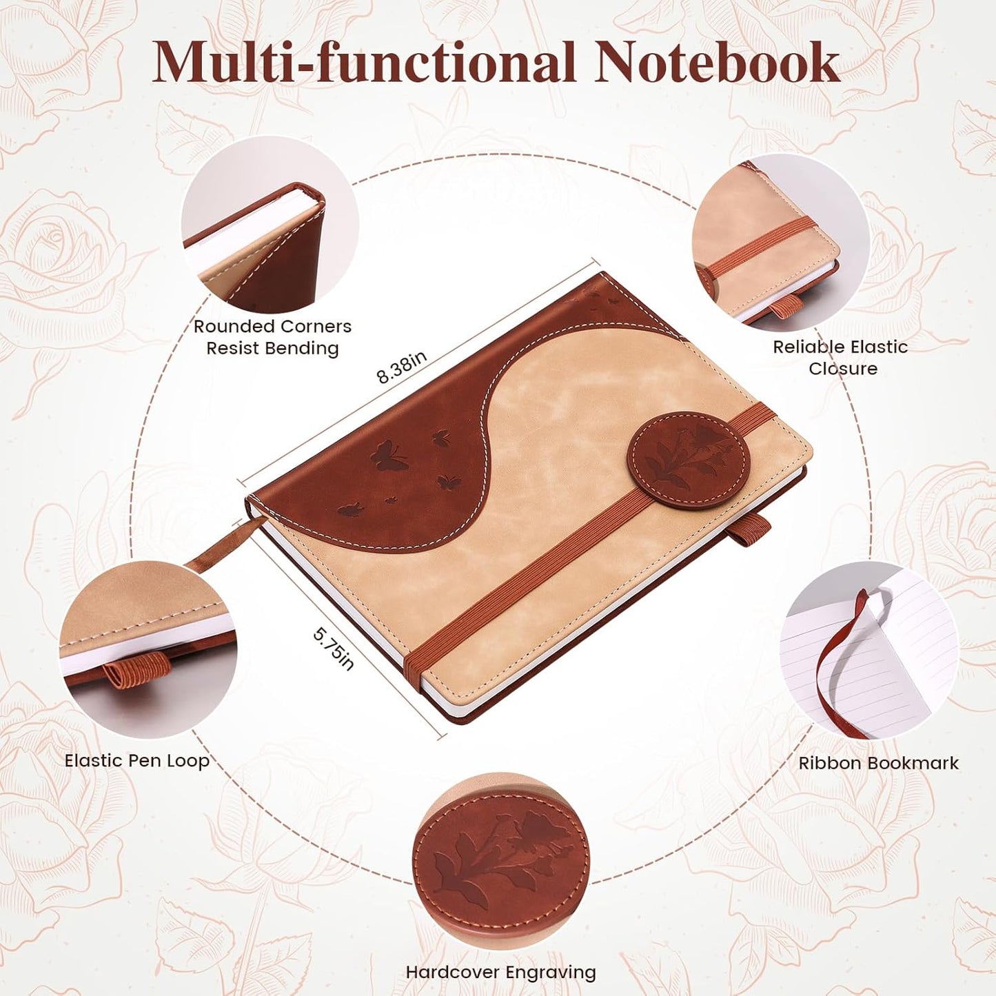 Lined Journal Notebook, A5 Hardcover Leather Journal for Men Women, 200 Pages 100 GSM Thick Paper, Journaling Notebooks for Work School Travel Note Taking, Beige & Brown