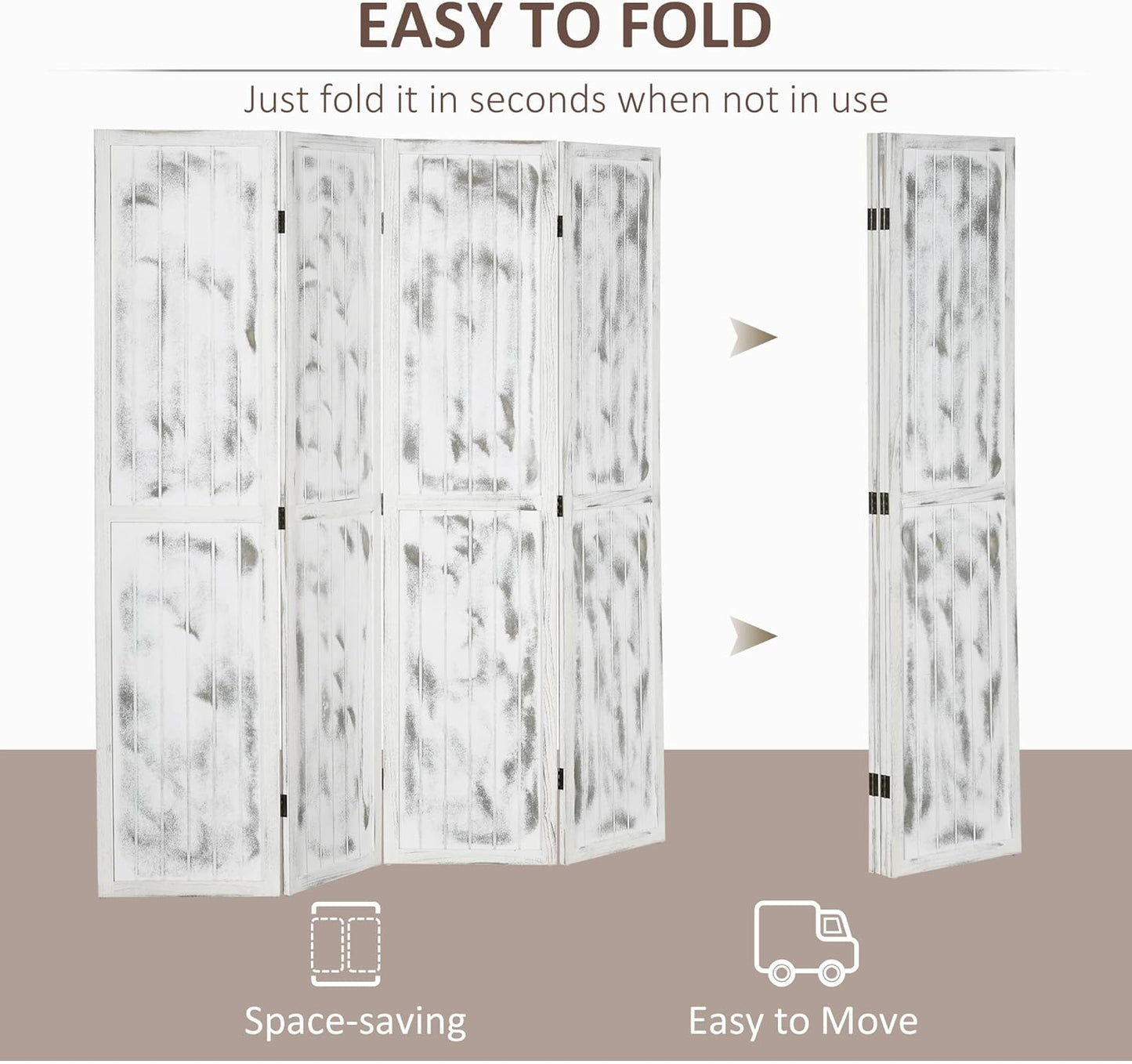 HOMCOM 5.5' Tall 4-Panel Room Divider and Folding Privacy Screen, Woodgrain Freestanding Privacy Divider, Partition Wall, Rustic White