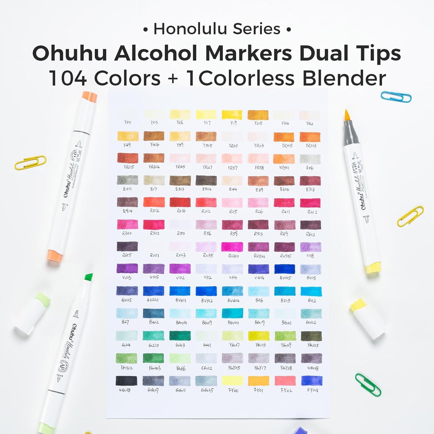 Ohuhu Alcohol Markers Brush Tip- 104-color Double Tipped Alcohol Based Art Marker Set for Artists Adults Coloring Illustration- Honolulu of Ohuhu Markers- Dual Tip Brush & Chisel- Refillable