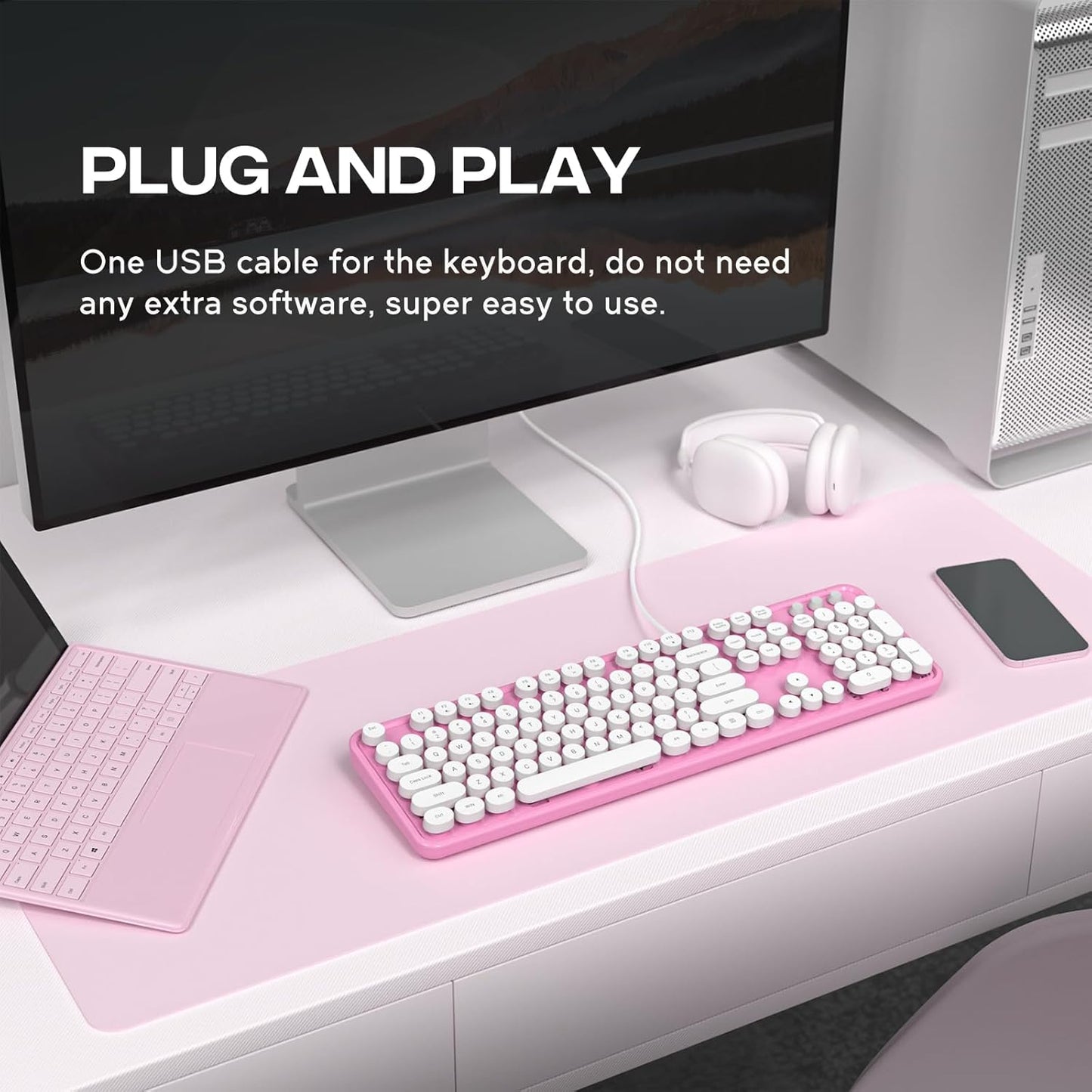 Computer Keyboard Wired, Plug Play USB Keyboard with Large Number Pad, Caps Indicators, Foldable Stands, Full Size Keyboard for Windows PC Laptop (Pink White)