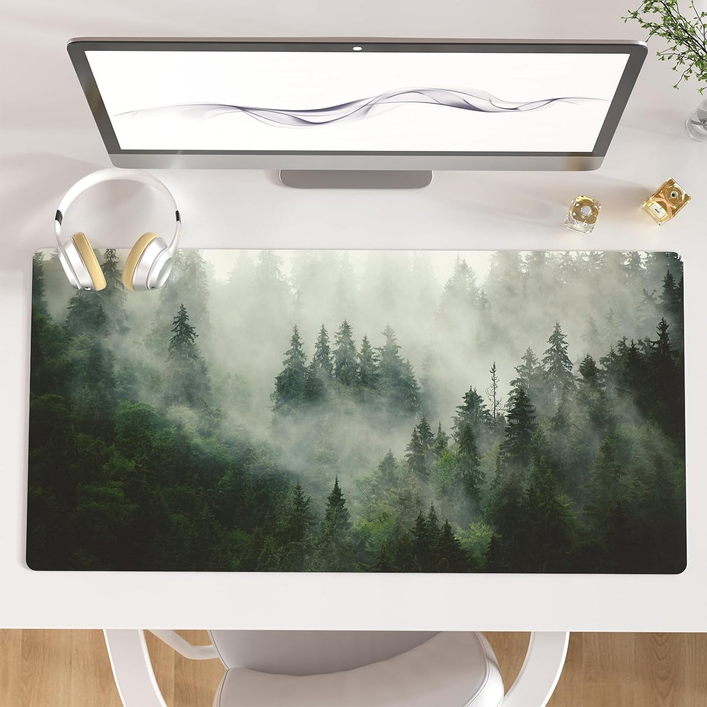 QIYI Large Mouse Pad, Extended Desk Mat for Desktop, PU Leather Waterproof Gaming Mousepad, Computer Desk Accessories Protector Writing Pads for School Office Home 31.5" x 15.7" - Misty Forest