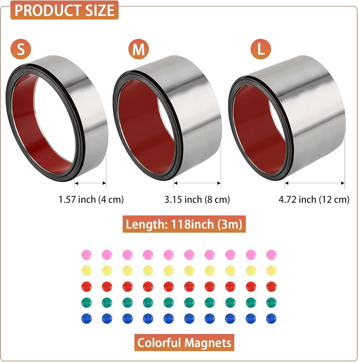 Self Adhesive Backing Metal Strip for Magnets, Flexible Ferrous Memo Tapes Roll for Bulletin Boards in Studio, Office, School (Glossy Silver, 118''L x 3.15''W, Contains 40 Magnets)