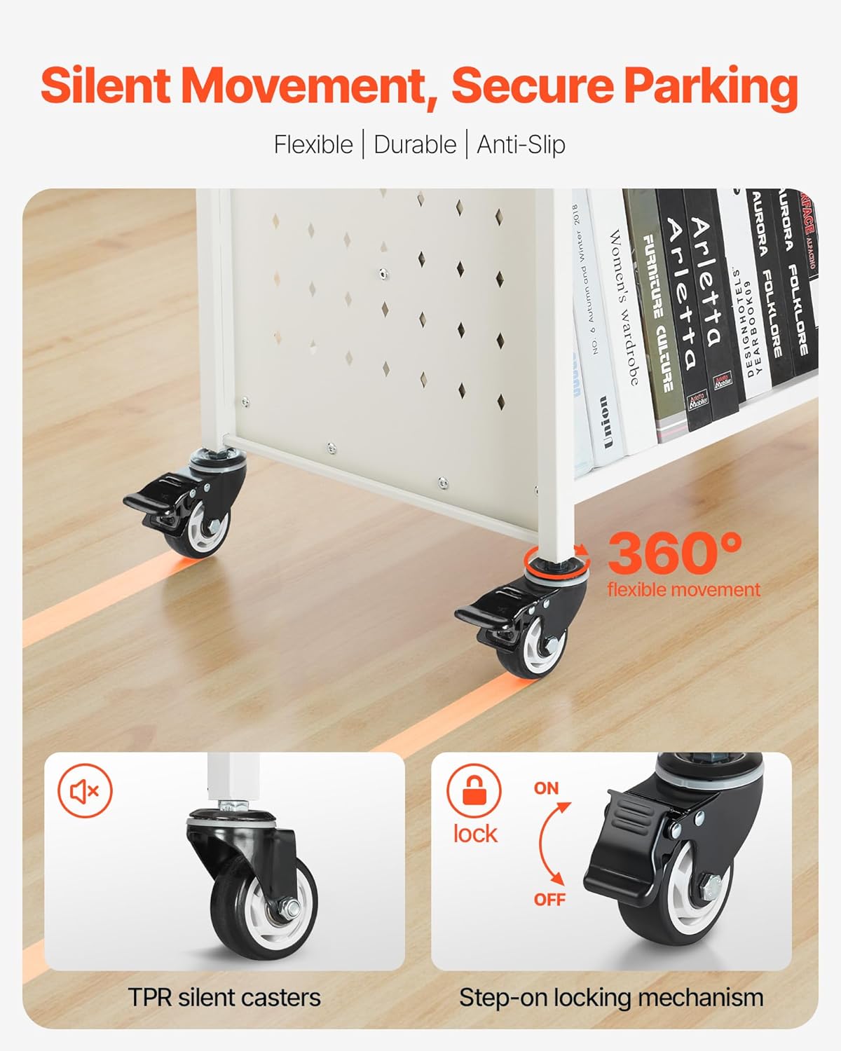 VEVOR Rolling Library Book Cart, 330 lbs Capacity, 38.2 x 20.3 x 48.2-Inch Library Cart, Double Sided W-Shaped Shelves with 3-Inch Lockable Wheels, Book Truck for Home Shelves Office and School, White
