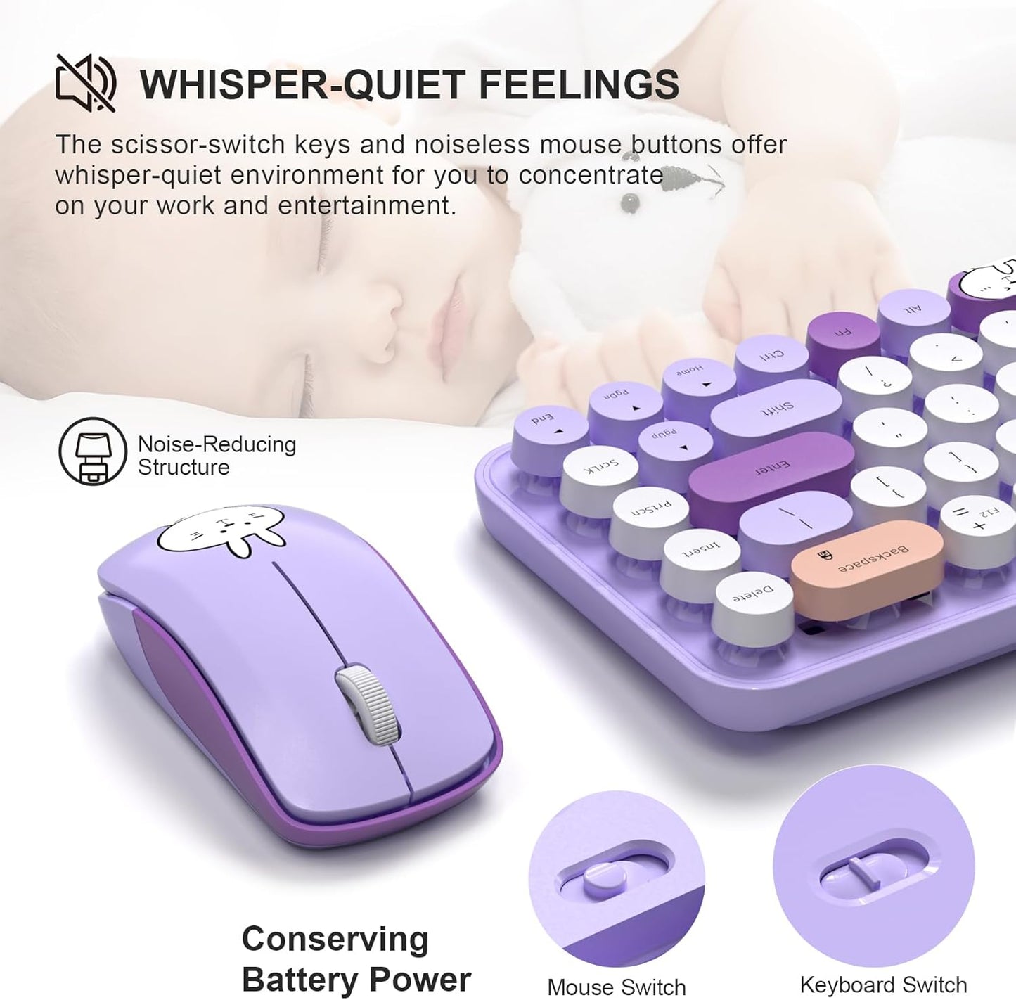 FOPETT Wireless Keyboard and Mouse Cute Mouse and Keyboard 2.4G Wireless Keyboards with Colorful 68 Keys Typewriter Retro Round Keycap for PC, Laptop,Tablet,Computer Windows - Purple Colorful
