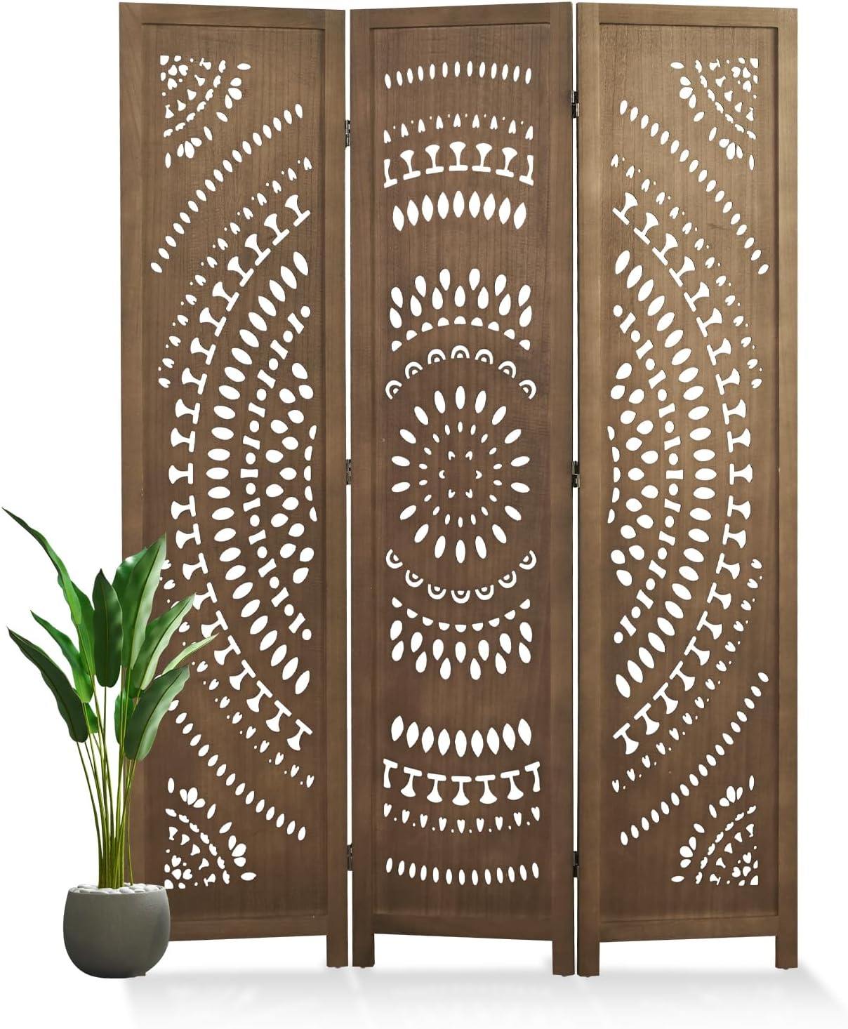 66.9Inch Folding Room Divider, 3 Panels Wood Carved Privacy Screens, Free Assembled Freestanding Partition for Home Office Restaurant Bedroom (Brown)