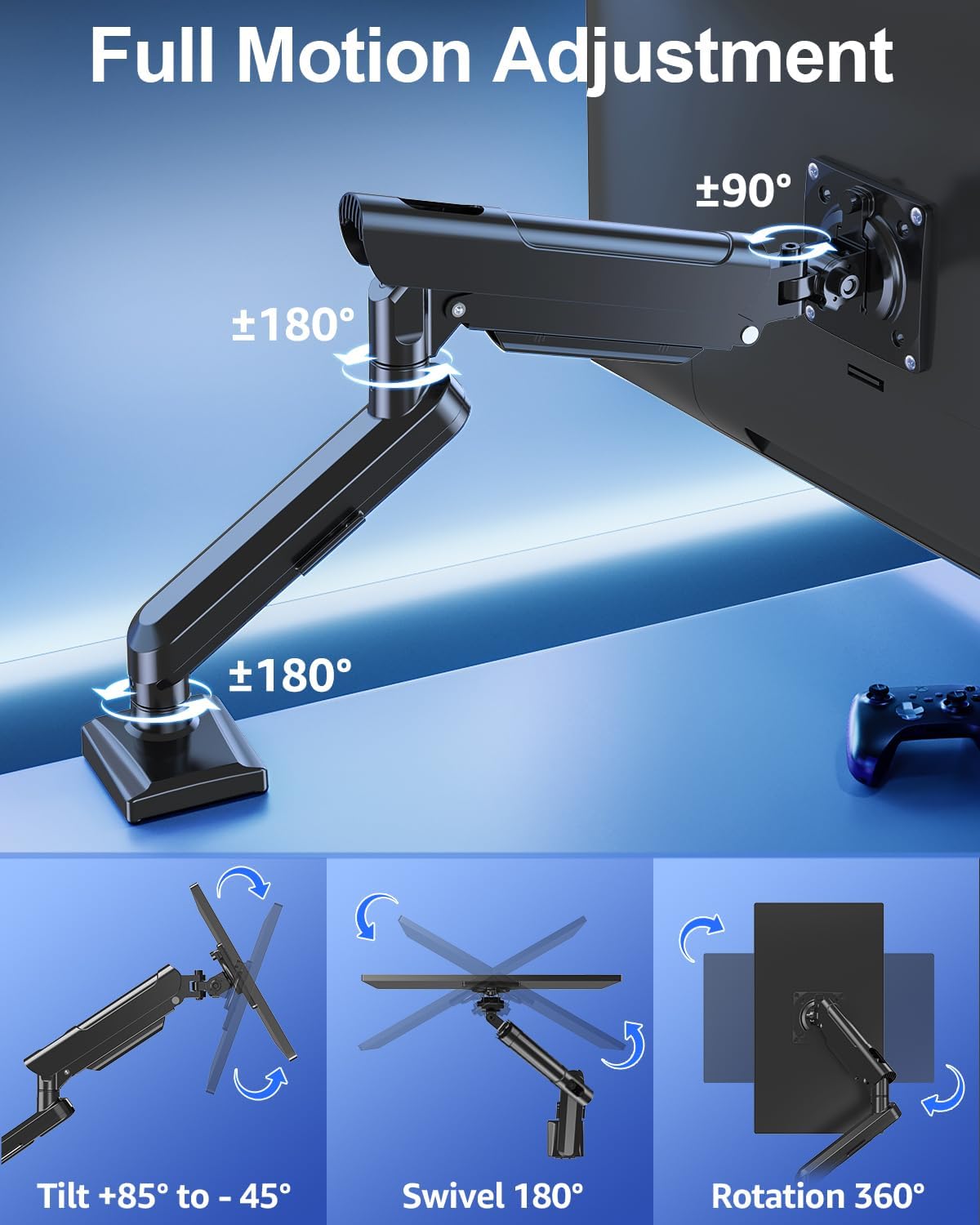 Single Monitor Mount for 32 27 24 22 inch Screen, Gas Spring Arm Holds 4.4-22 lbs, Monitor Desk Mount, Gaming & Home Office Use, VESA 75x75mm & 100x100mm, Freelift Pro Black