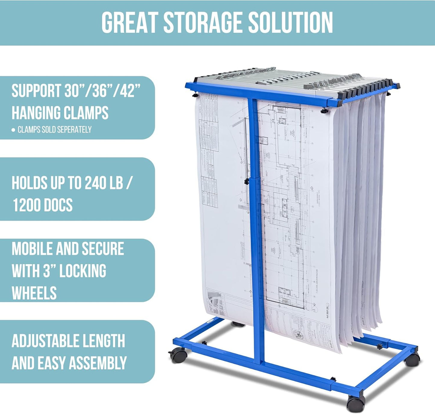 Adir Mobile Blueprint Holder - Adjustable Blue Print Storage Organizer and Construction Plan Holder – Plans Rack for Jobsite and Office (Without Blueprint Clamps)