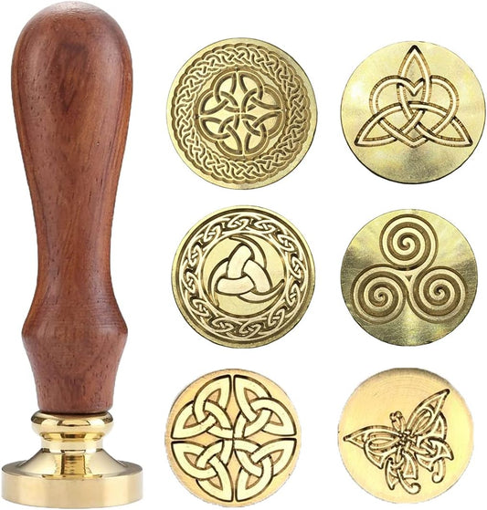 Celtic Knot Seal Wax Stamp with 6 Patterns Removable Brass Head + 1 Wood Handle, Represent Eternal Faith, Friendship, Love and Loyalty