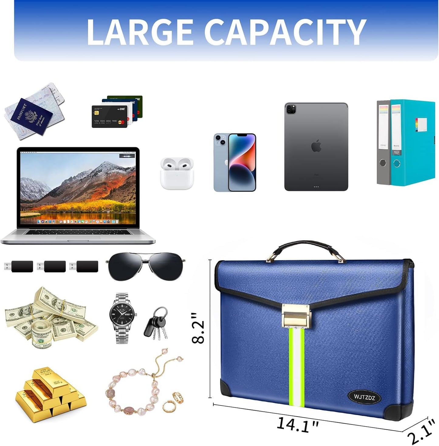 Large Capacity Upgraded Fireproof Money Bag with Lock 6500°F,10 Layers of Heat Insulated Materials with Waterproof Zipper/Reflective Strip with Handle for Cash/Important Documents