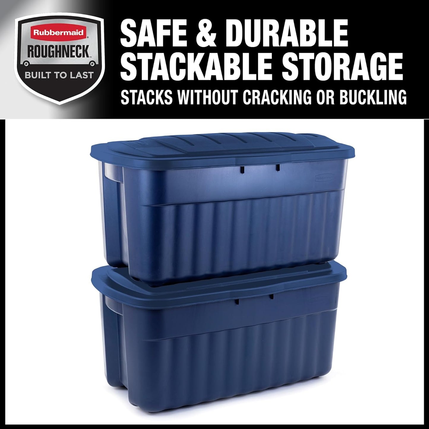 Rubbermaid Roughneck Tote 40 Gal, 2 Pack, Made in USA, Dark Indigo Metallic, Rugged Plastic Stackable Storage Bins with Lids and Handles